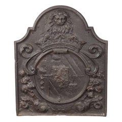 Dutch Armorial Fireback with Lion's Head Motif and Crest on Arch Top Panel