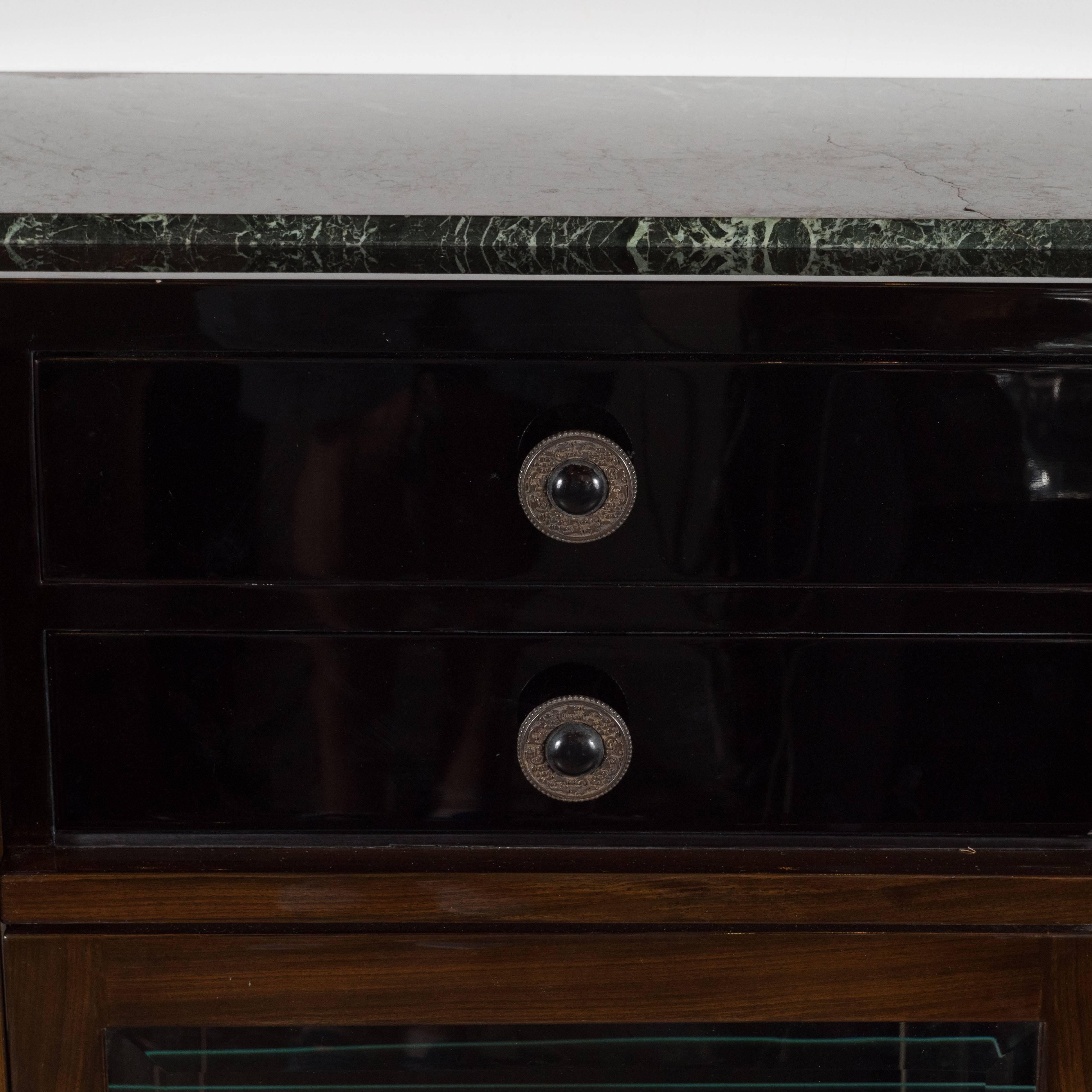 Mid-20th Century Art Deco Sideboard/Bar with Bookmatched Walnut, Exotic Marble and Brass Pulls