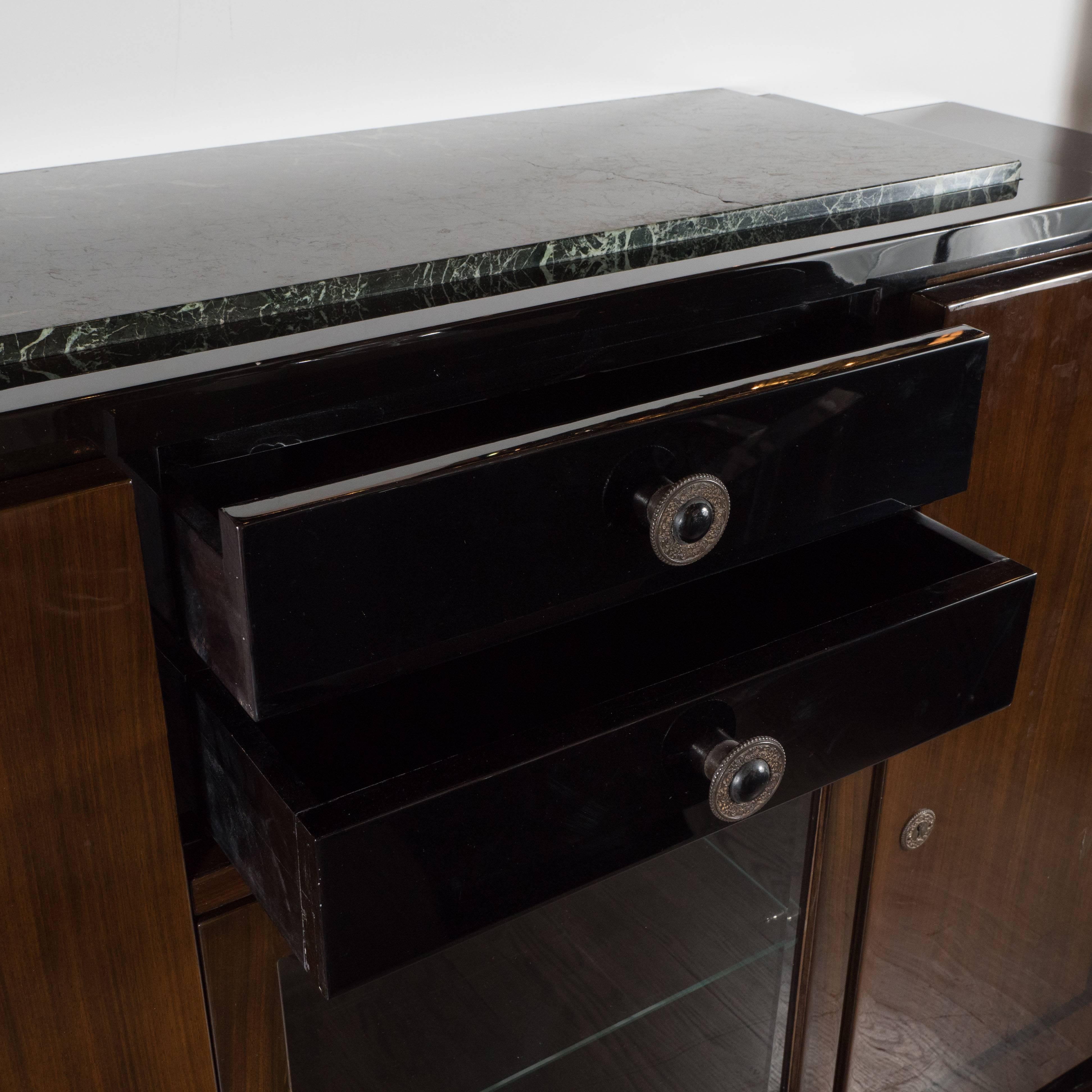 Art Deco Sideboard/Bar with Bookmatched Walnut, Exotic Marble and Brass Pulls In Excellent Condition In New York, NY