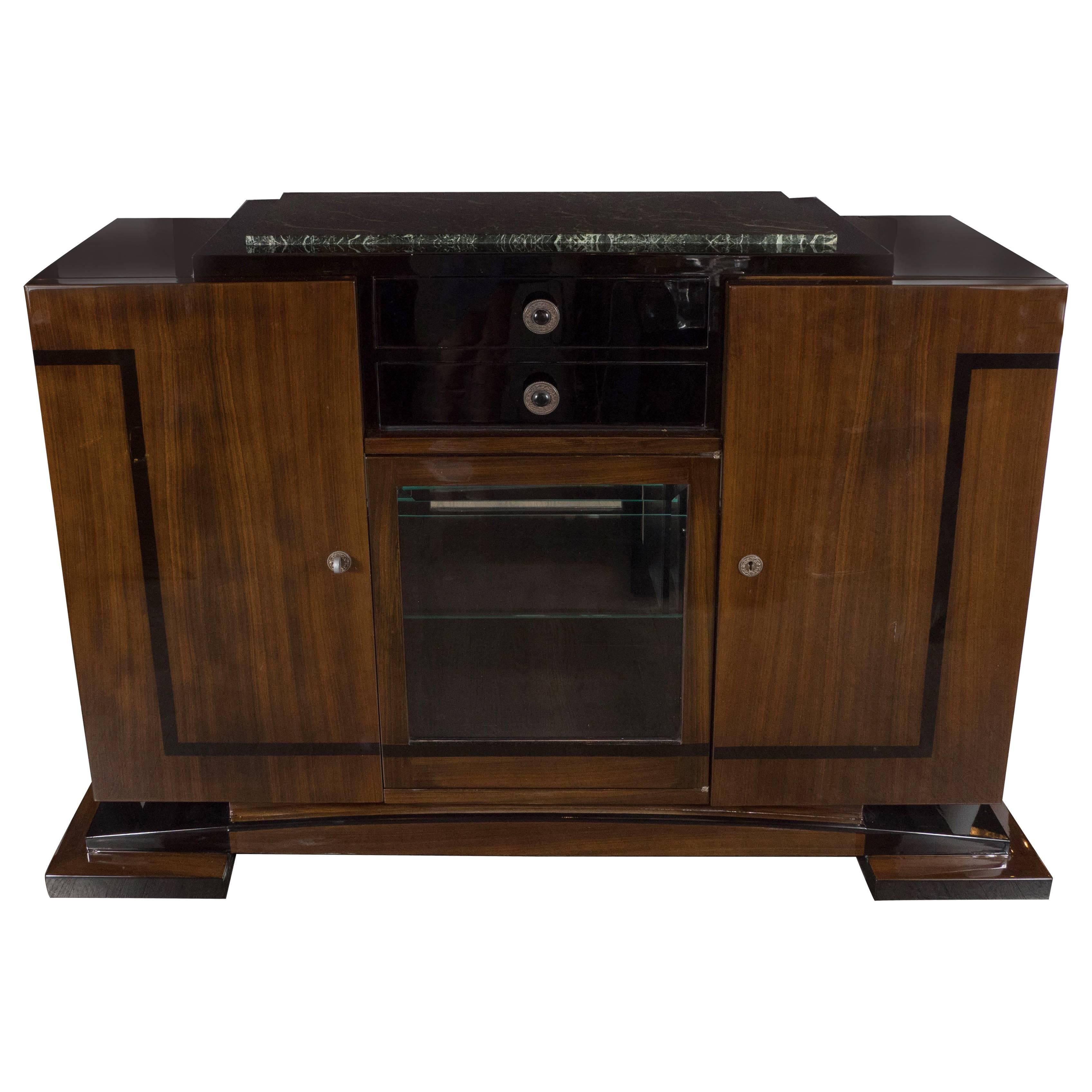 Art Deco Sideboard/Bar with Bookmatched Walnut, Exotic Marble and Brass Pulls