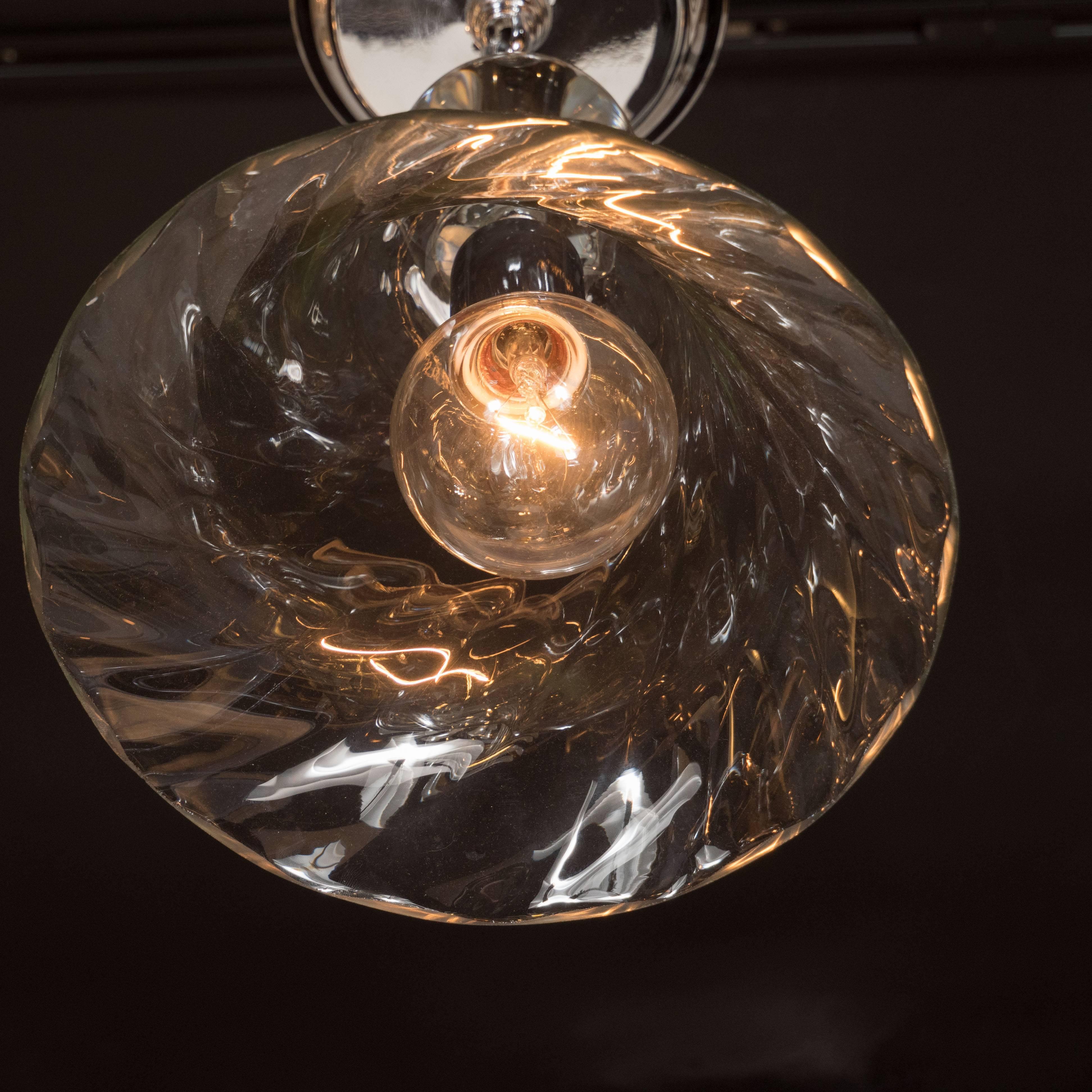 Modern Handblown Smoke Tinted Murano Glass Pendant with Crystal Ball Embellishment
