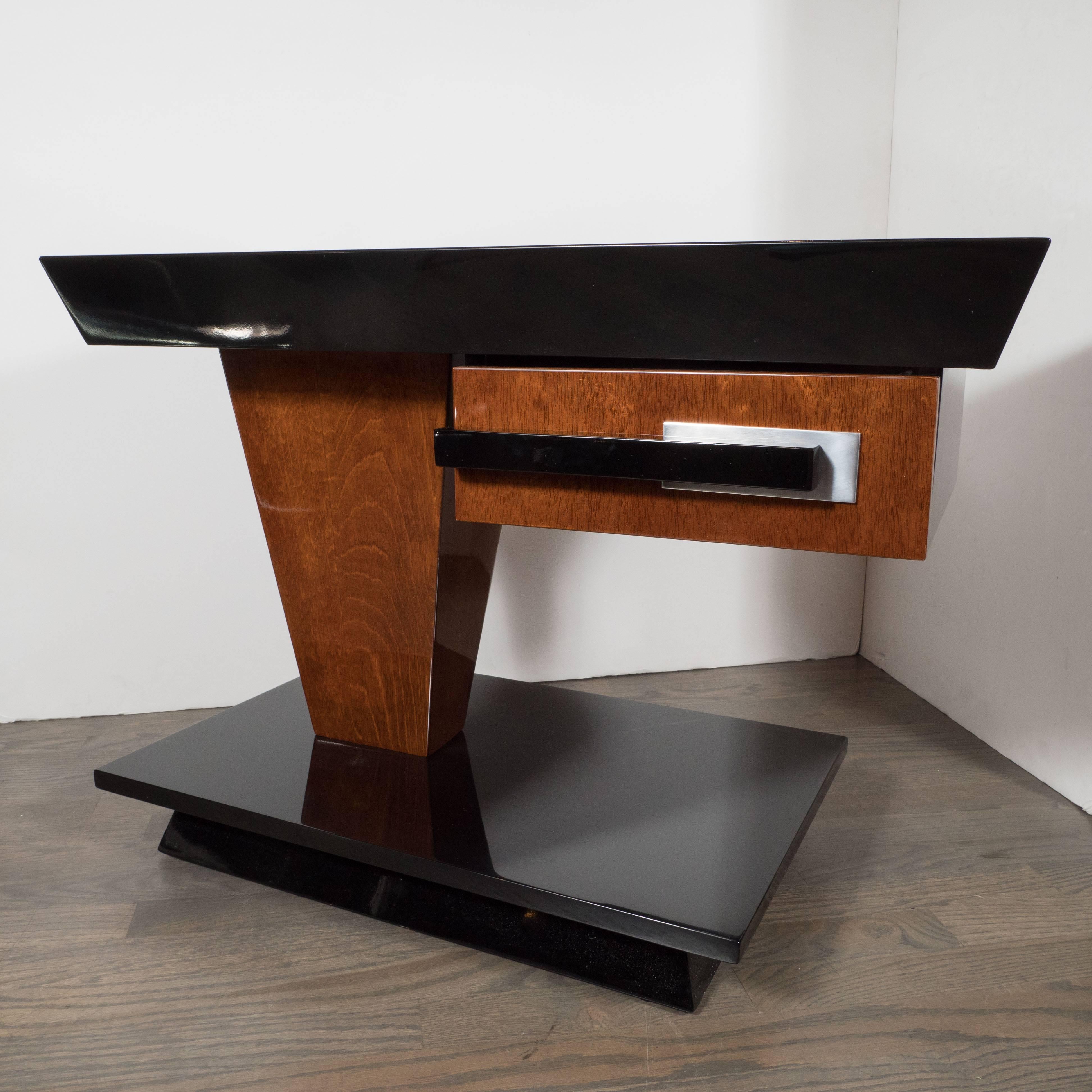 Brushed Pair of Art Deco End Tables in Black Lacquer and Burled Walnut by Donald Deskey