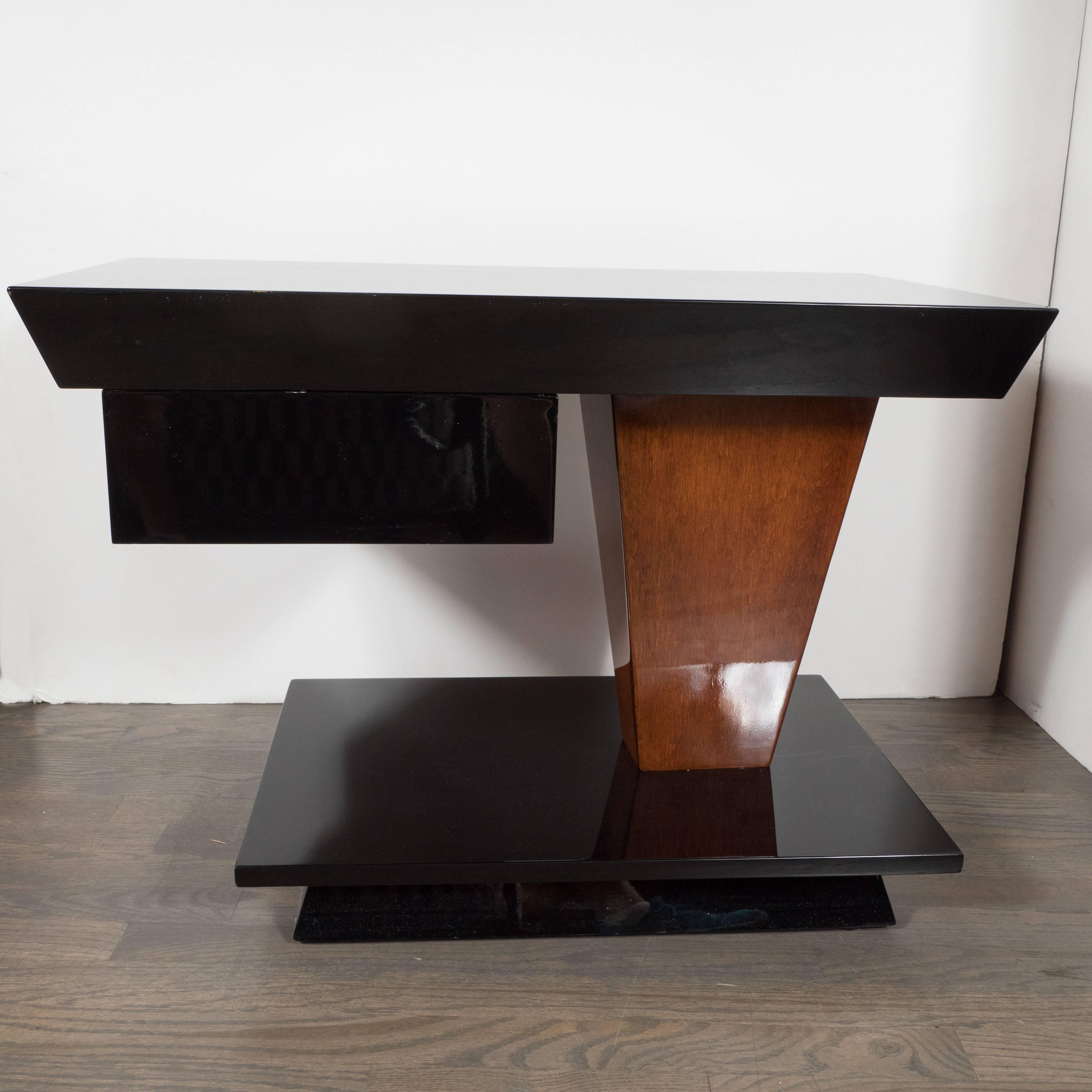 Pair of Art Deco End Tables in Black Lacquer and Burled Walnut by Donald Deskey 2