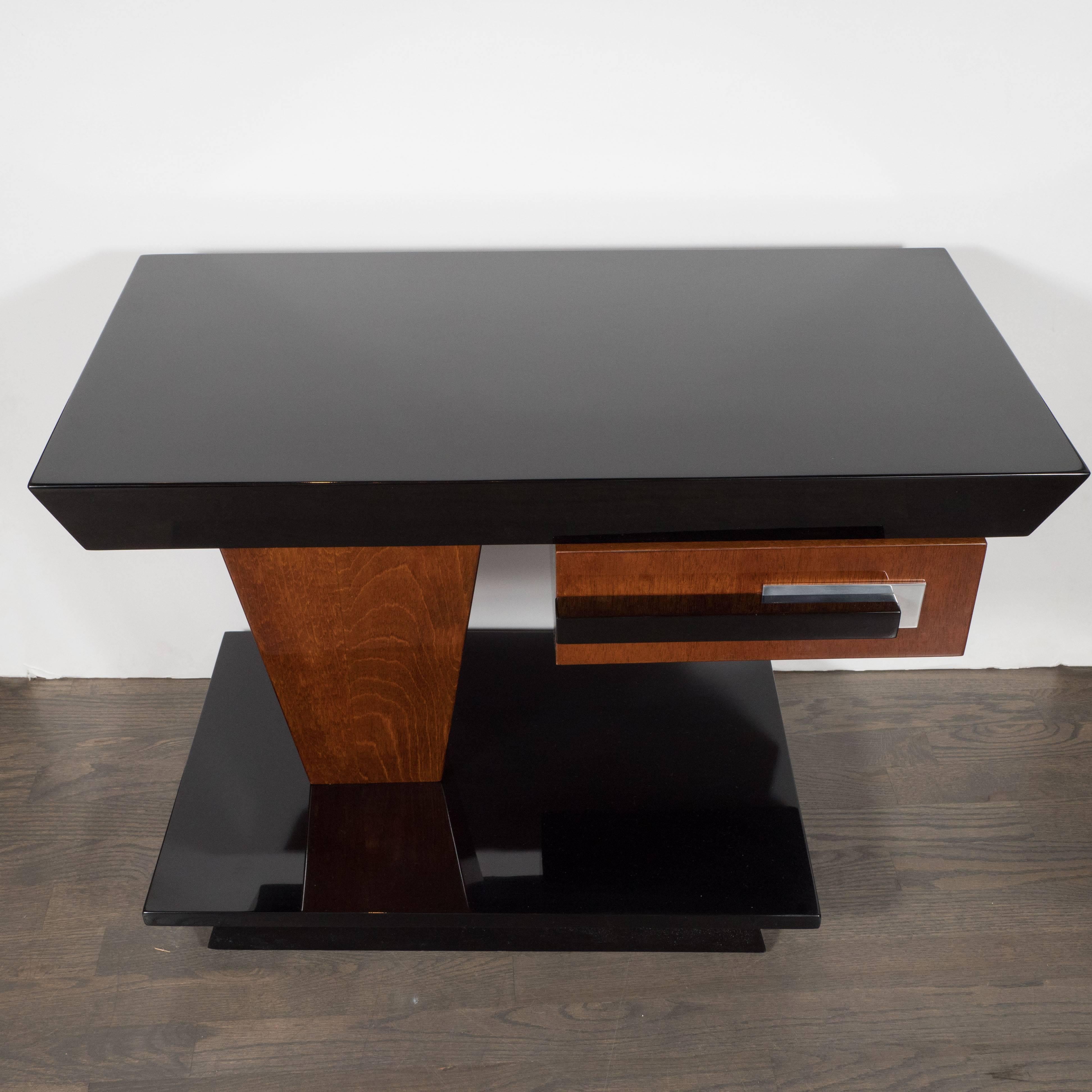 Pair of Art Deco End Tables in Black Lacquer and Burled Walnut by Donald Deskey 1