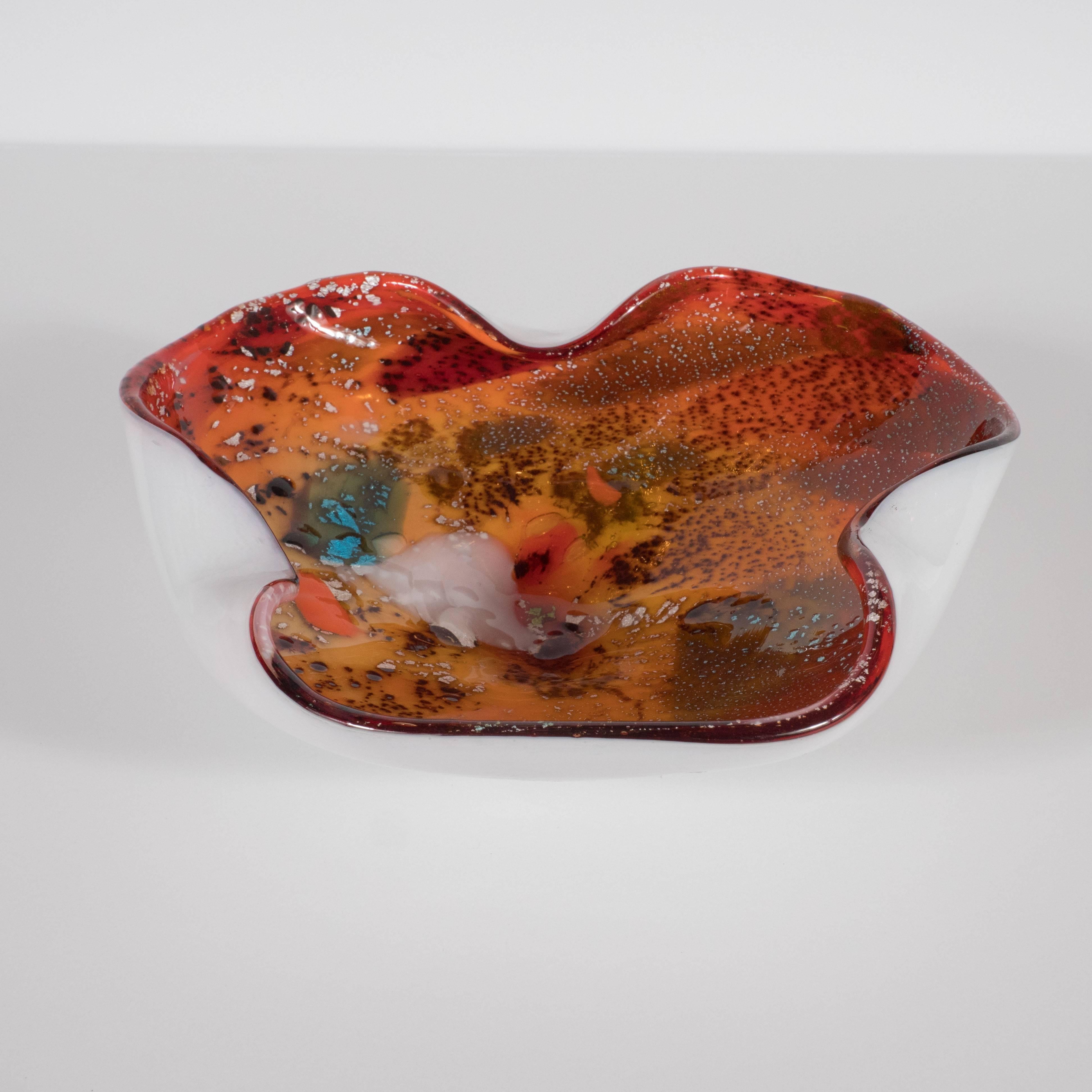 Italian Abstract Mid-Century Modern Handblown Murano Glass Bowl with White Gold Flecks