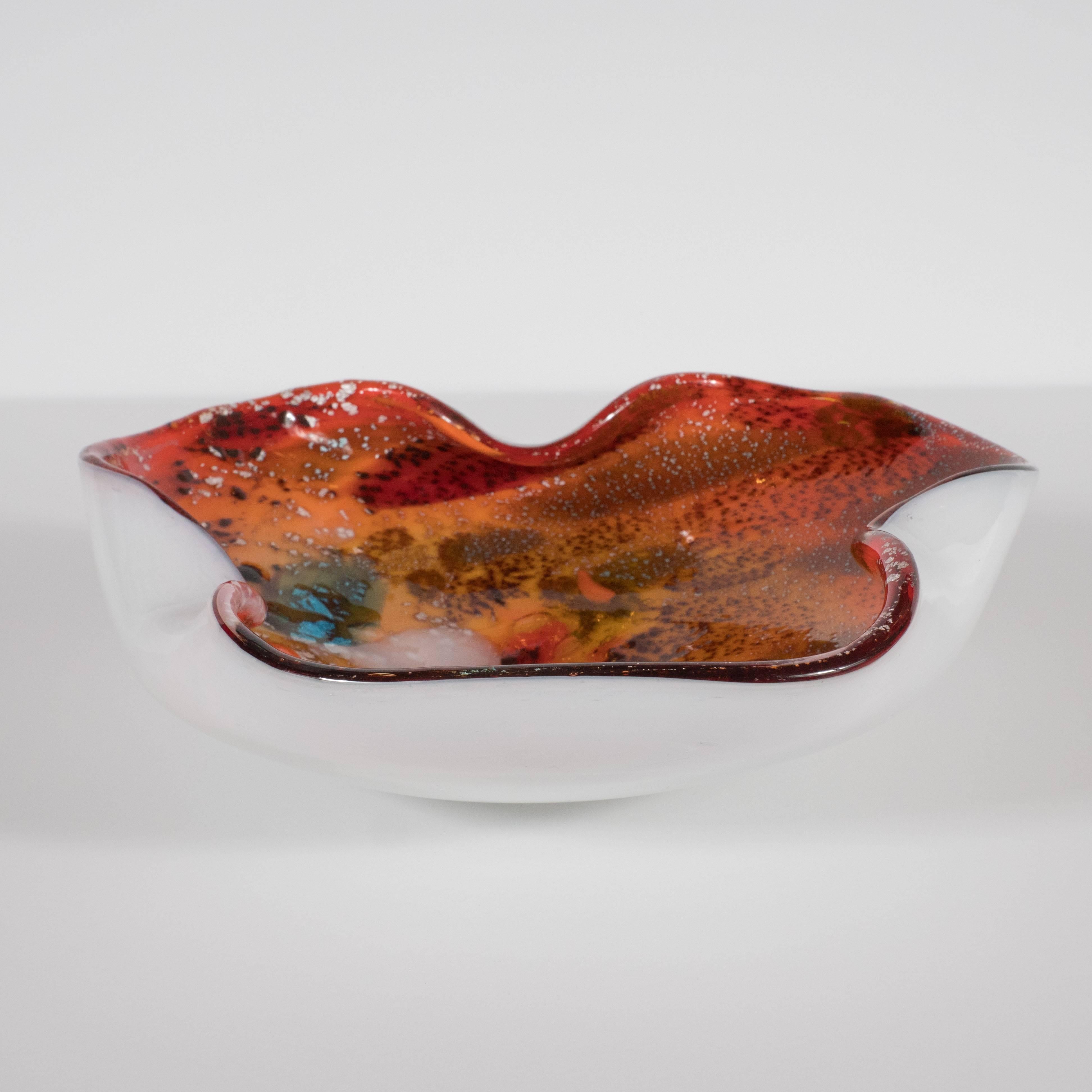 Abstract Mid-Century Modern Handblown Murano Glass Bowl with White Gold Flecks In Excellent Condition In New York, NY