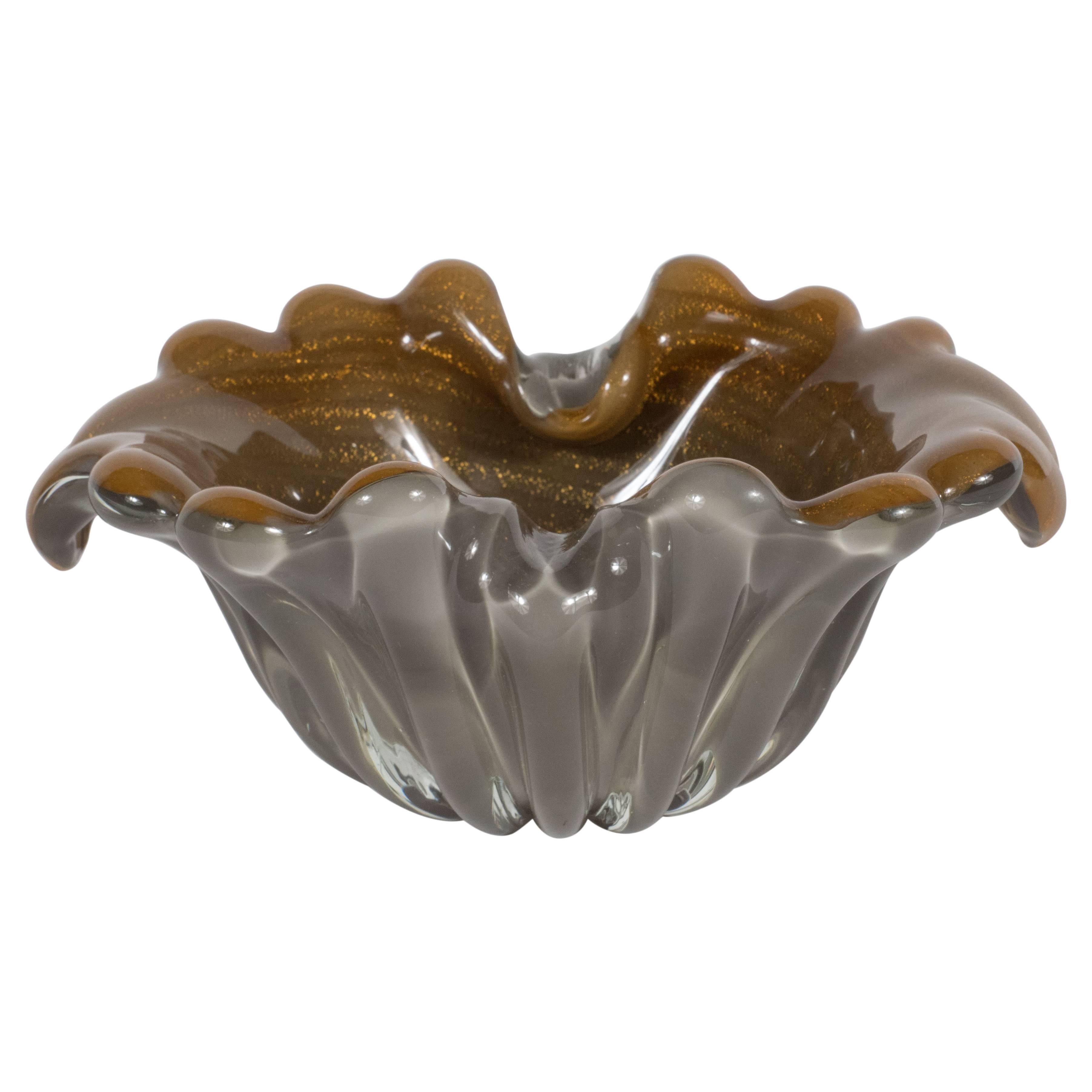 Mid-Century Modern Handblown Murano Bowl in Hues of Antique Bronze & Pewter