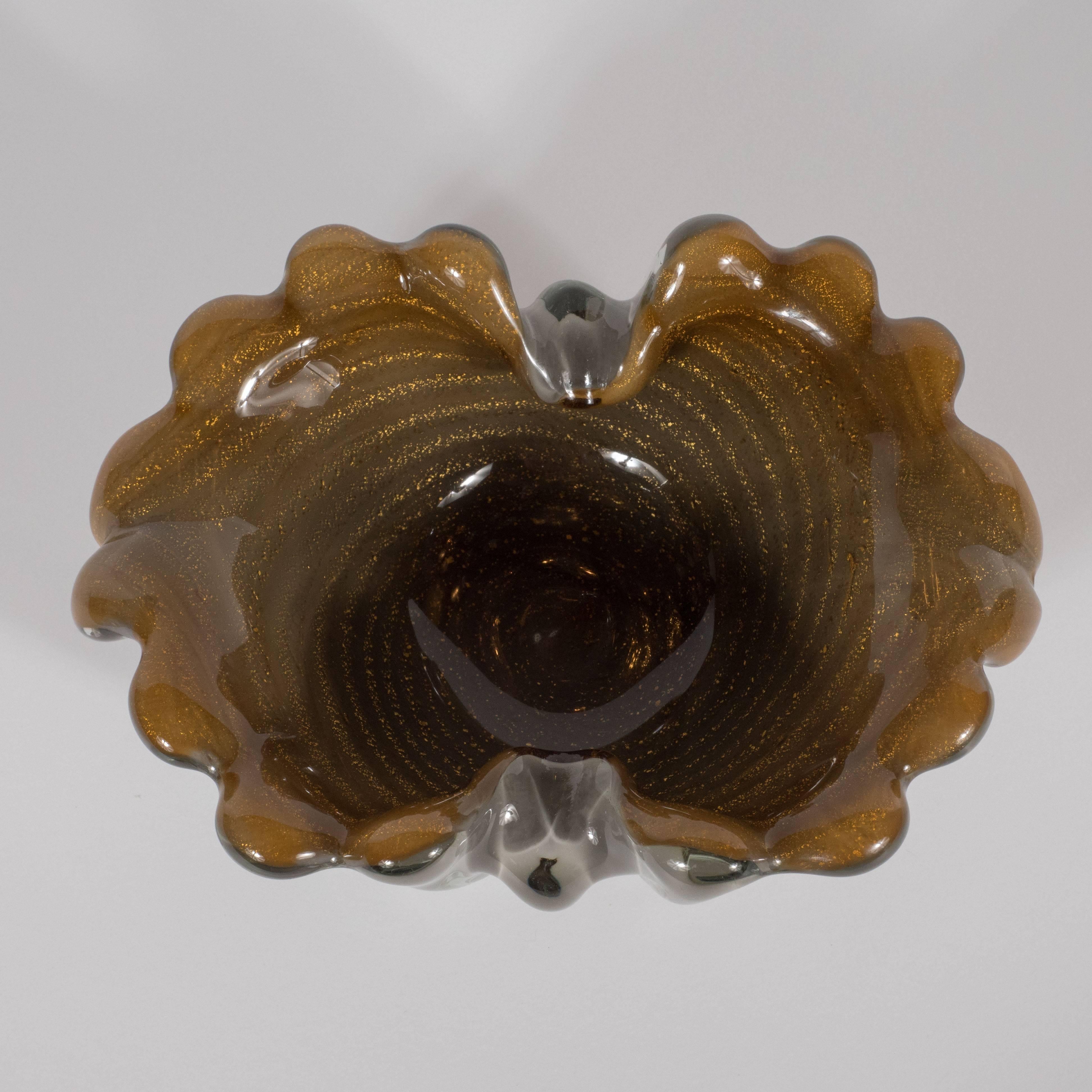 Gold Mid-Century Modern Handblown Murano Bowl in Hues of Antique Bronze & Pewter
