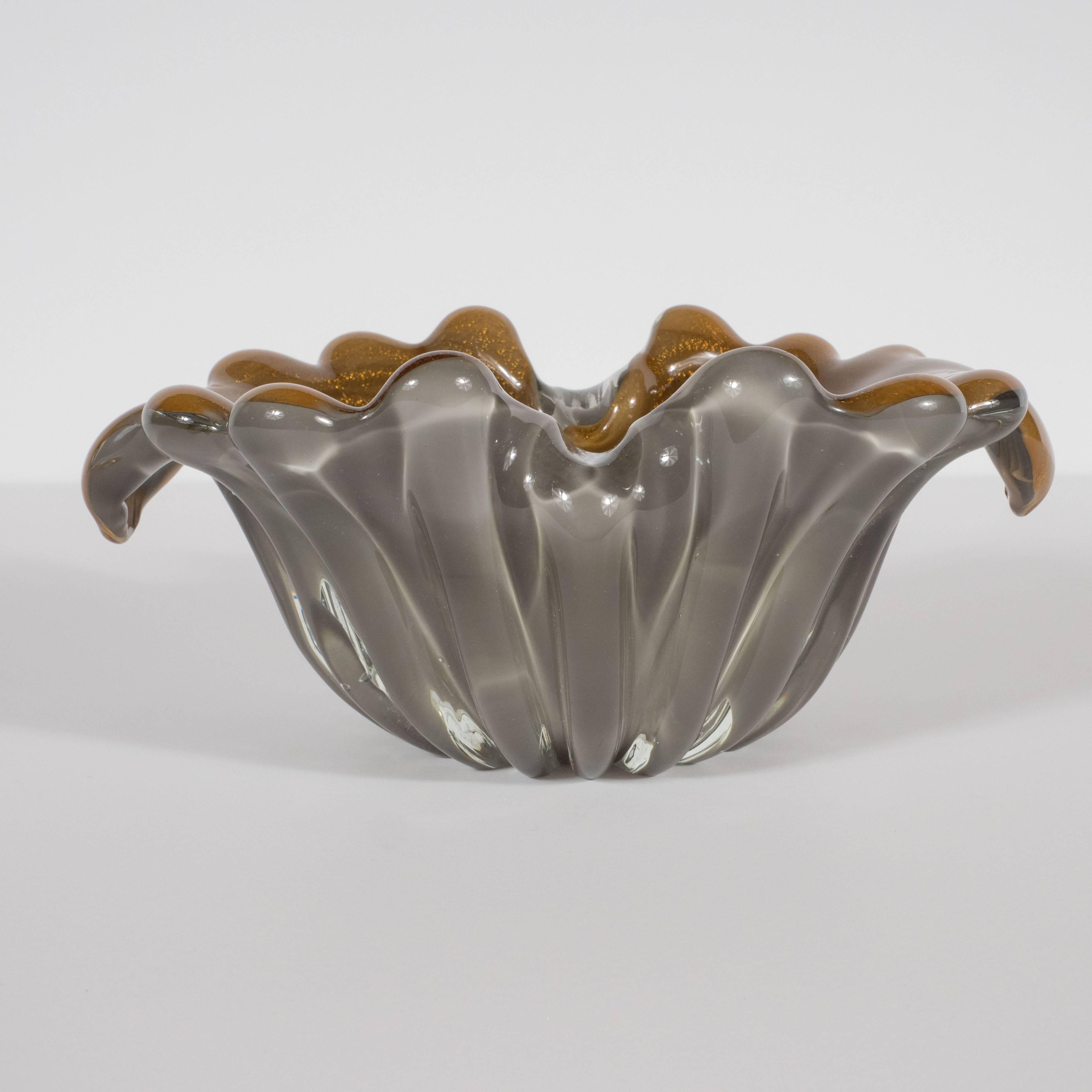 Mid-Century Modern Handblown Murano Bowl in Hues of Antique Bronze & Pewter 1