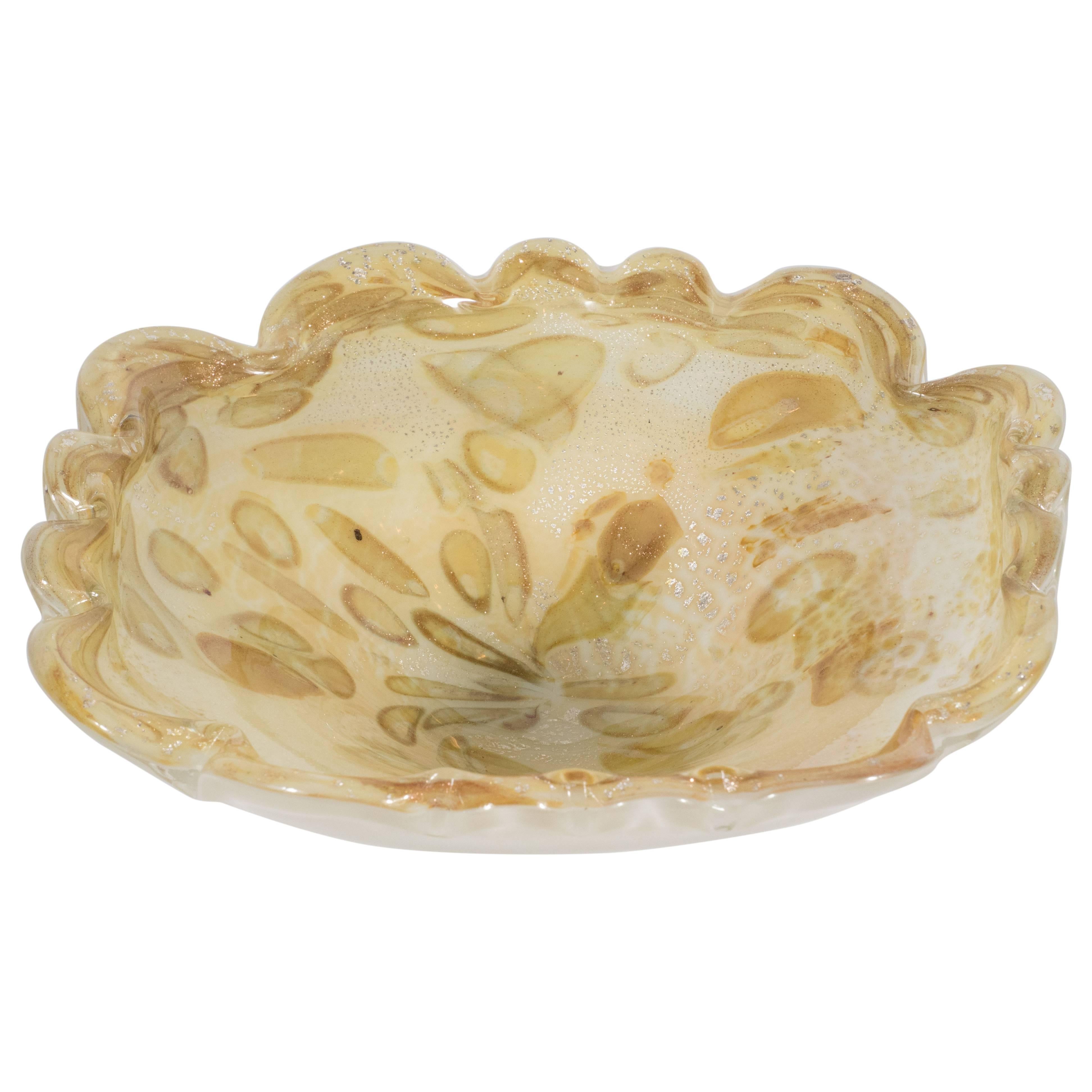 Mid-Century Modern Handblown Murano Glass Bowl in Oyster Shell and Champagne