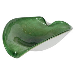Vintage Mid-Century Modern Handblown Murano Bowl in Emerald Green and White Gold