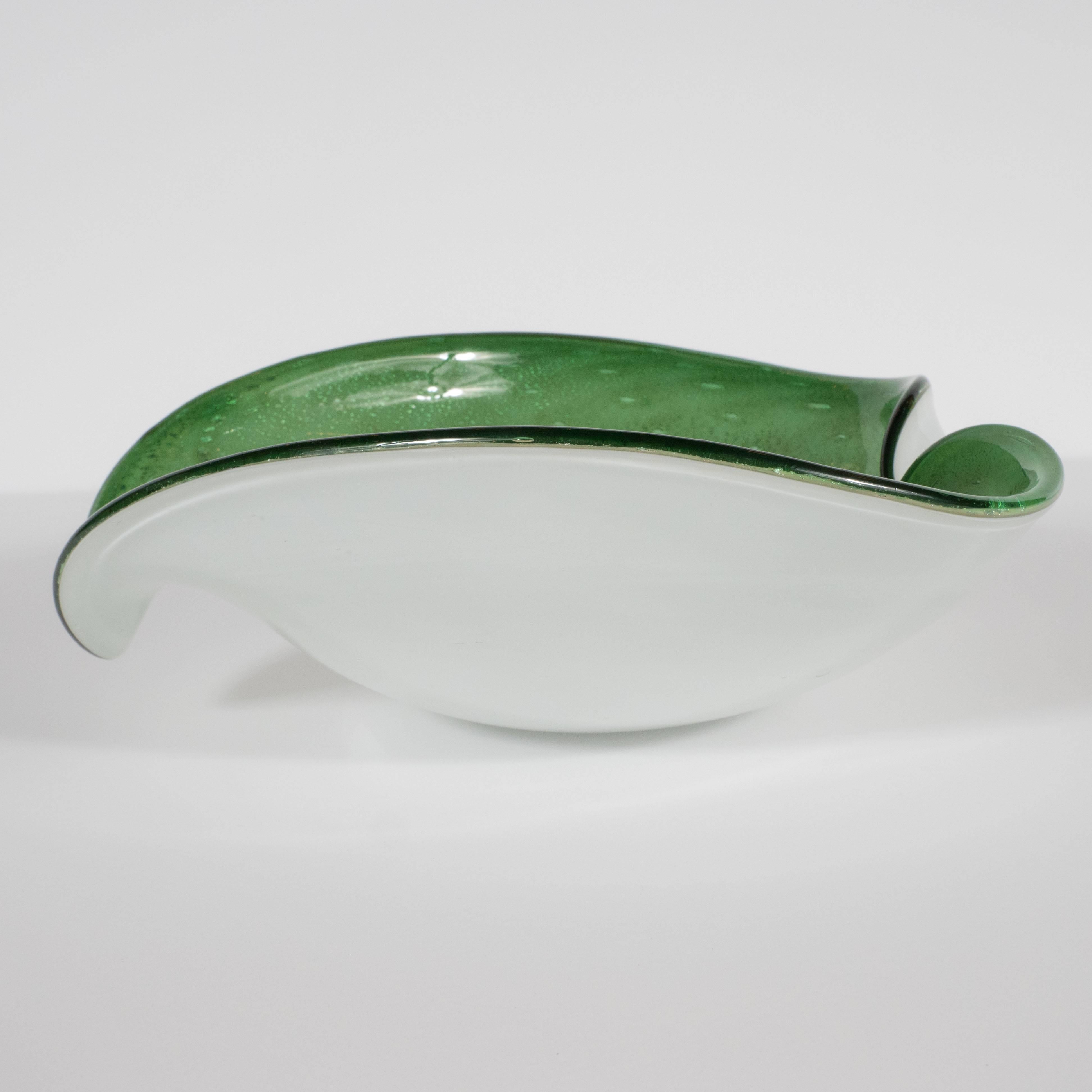 Mid-Century Modern Handblown Murano Bowl in Emerald Green and White Gold 1