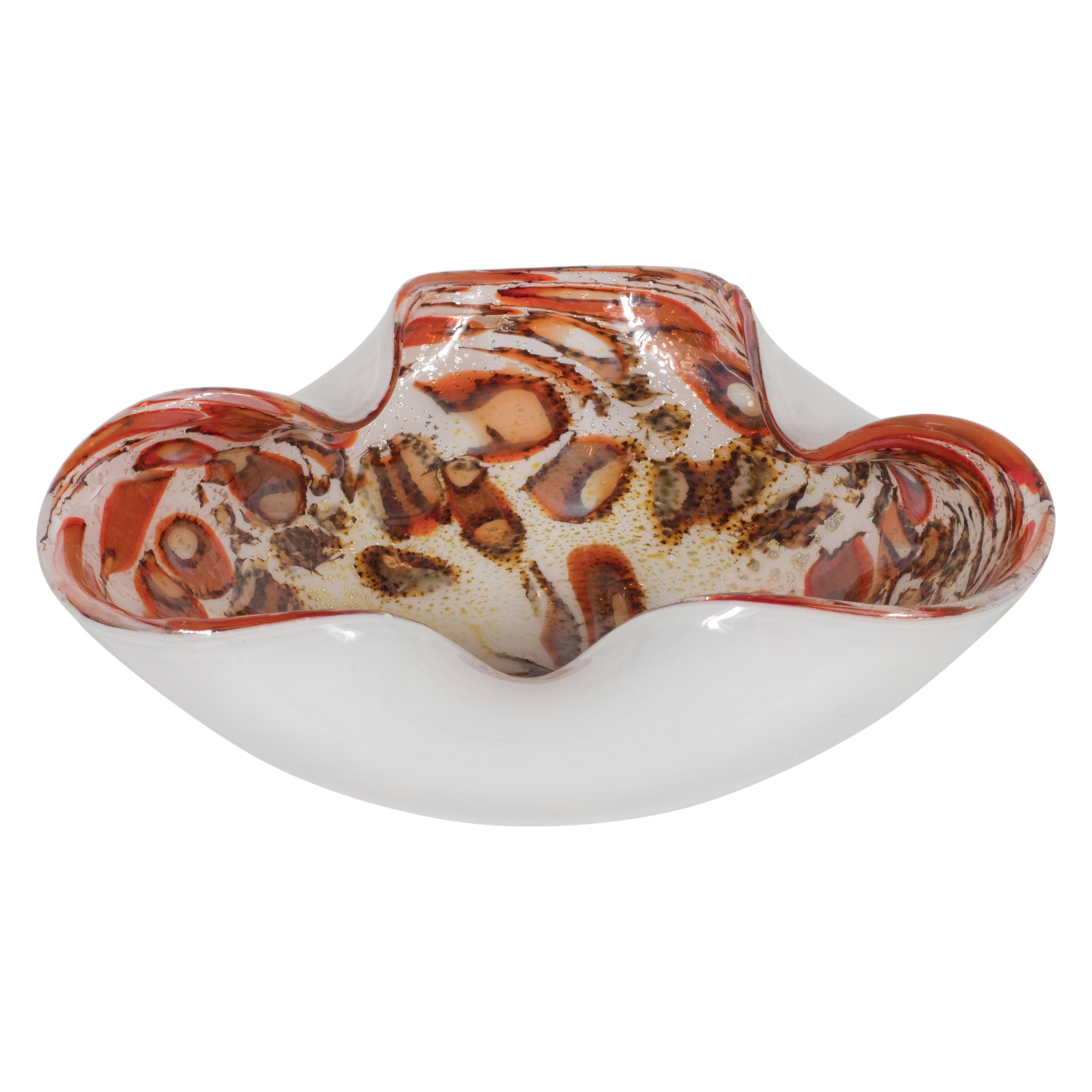 Abstract Mid-Century Modern Handblown Murano Bowl in Red, Chestnut & Pearl