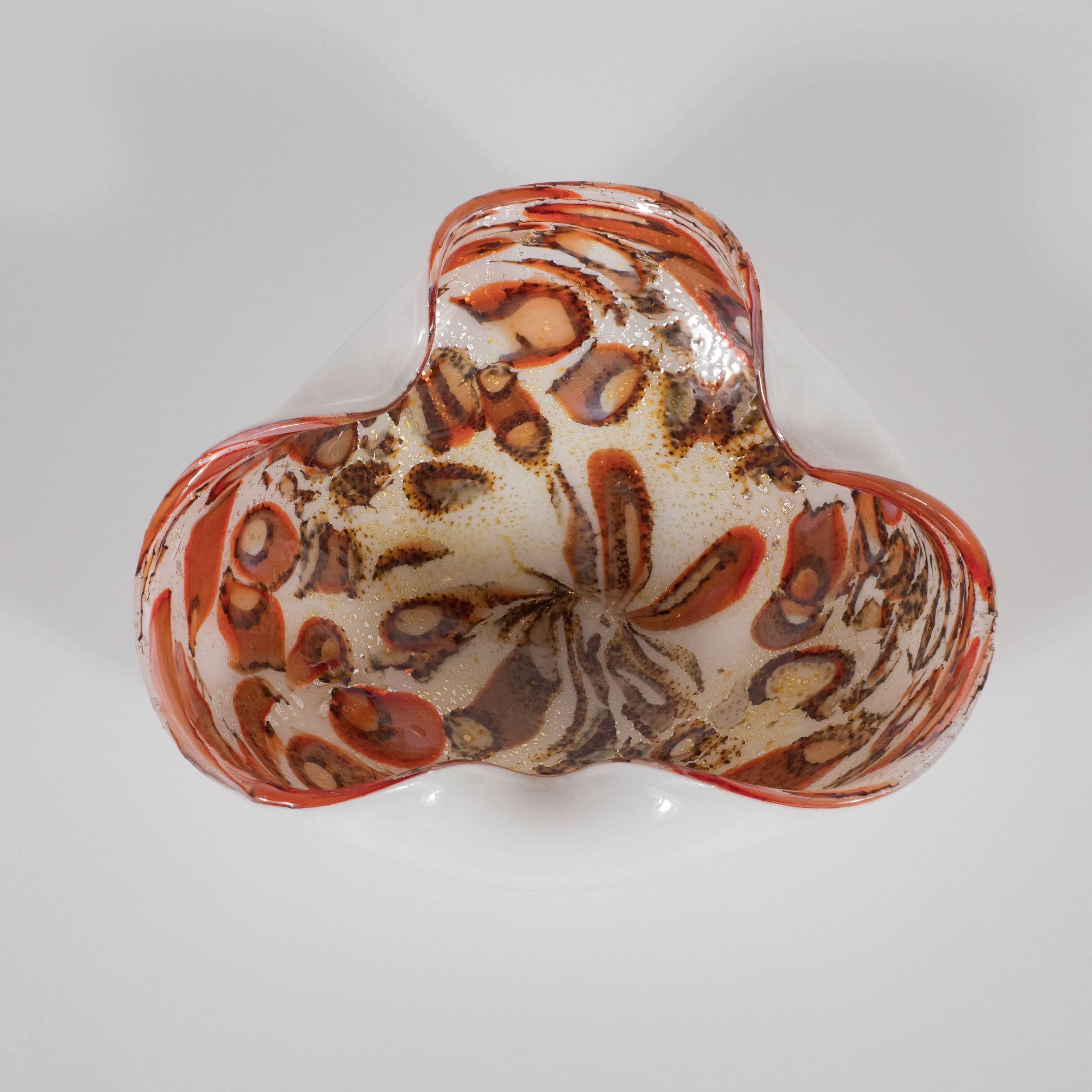 Italian Abstract Mid-Century Modern Handblown Murano Bowl in Red, Chestnut & Pearl