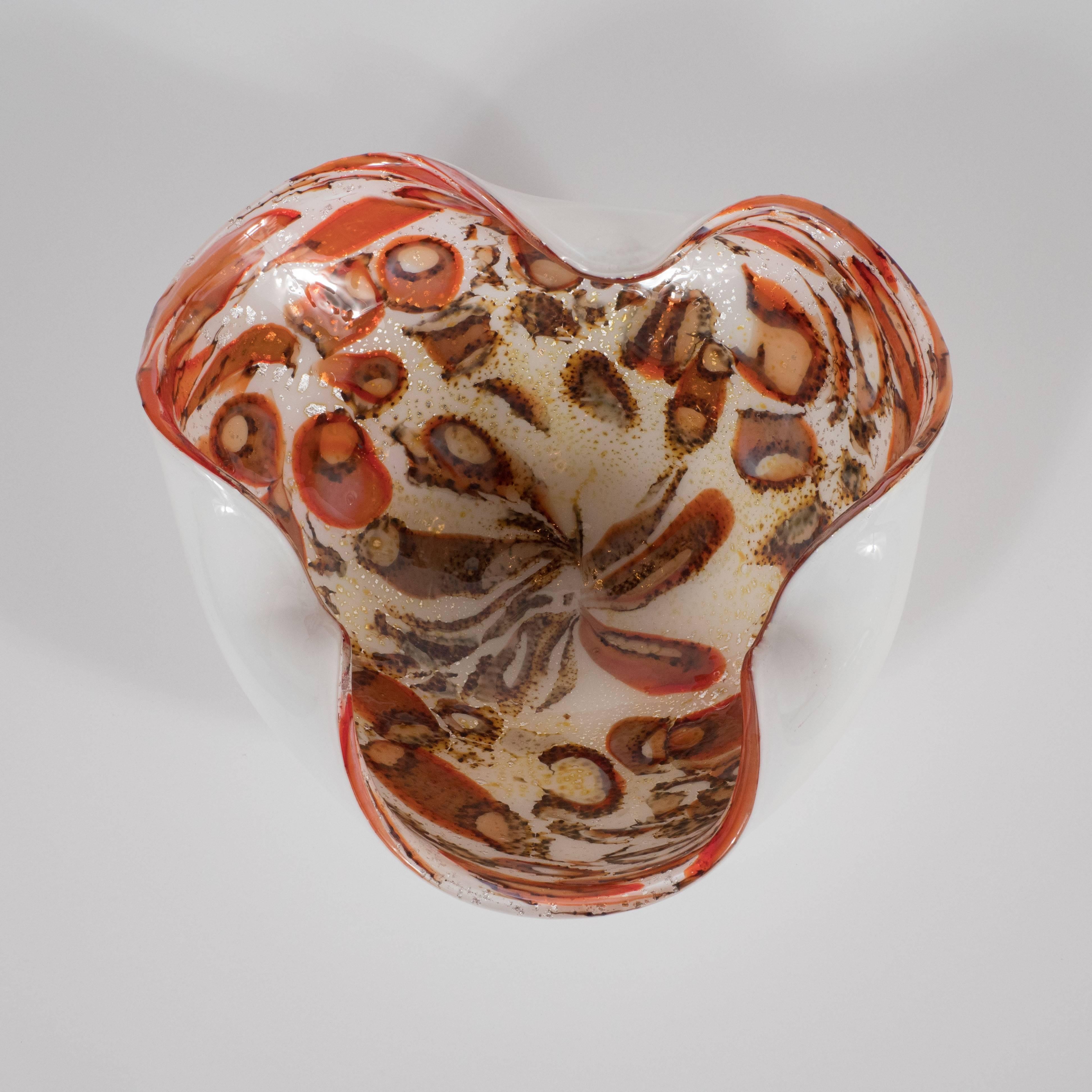 Abstract Mid-Century Modern Handblown Murano Bowl in Red, Chestnut & Pearl In Excellent Condition In New York, NY