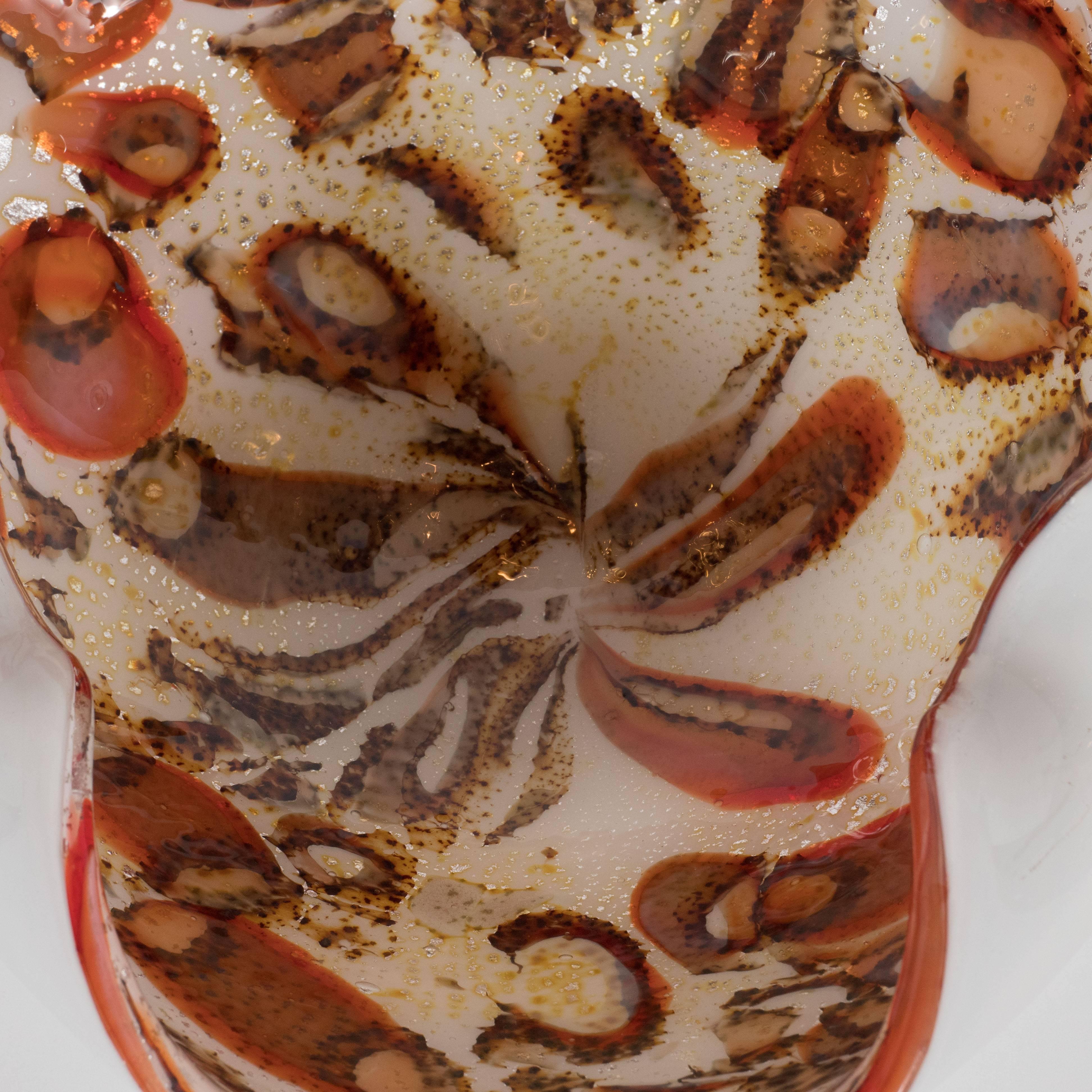 Abstract Mid-Century Modern Handblown Murano Bowl in Red, Chestnut & Pearl 1