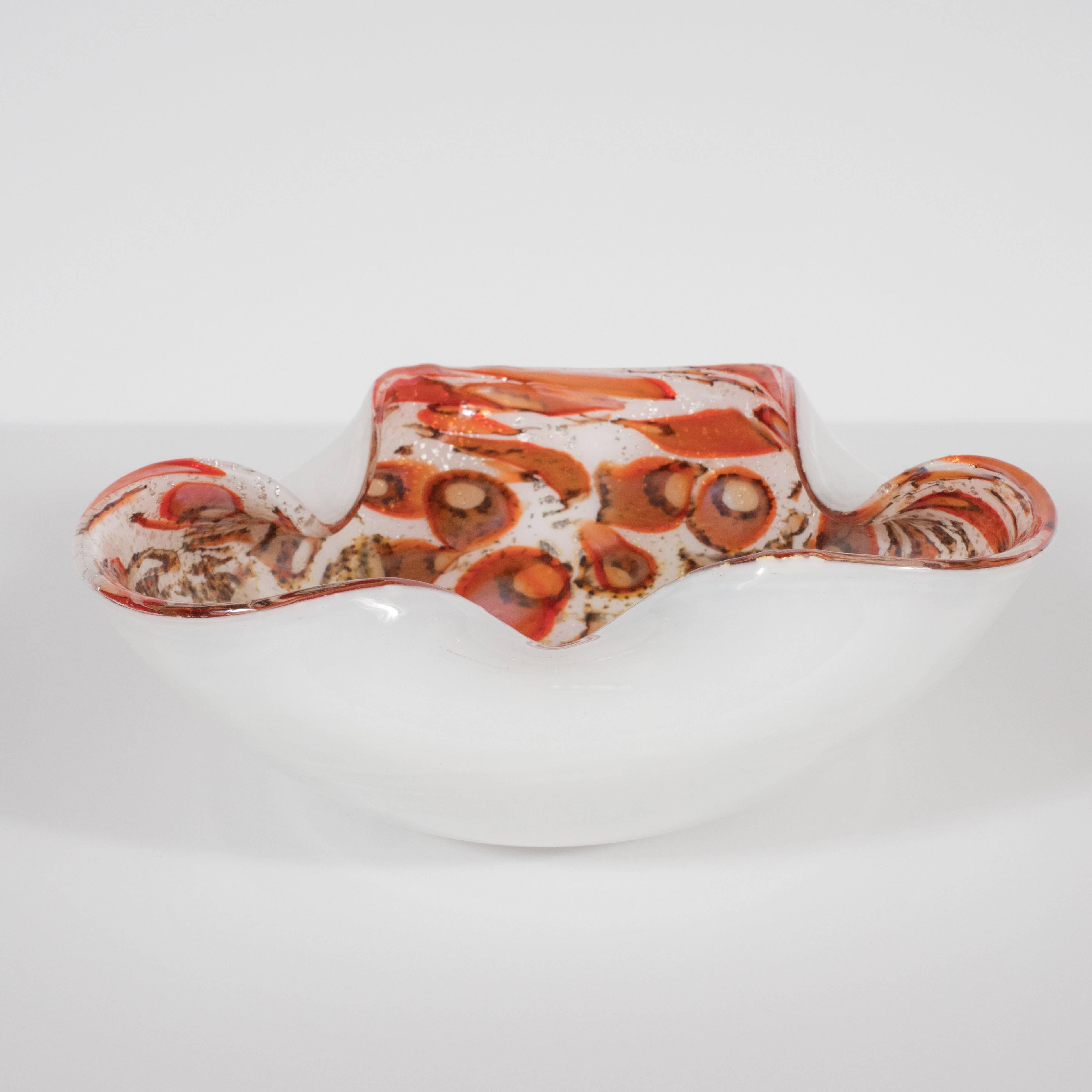 Mid-20th Century Abstract Mid-Century Modern Handblown Murano Bowl in Red, Chestnut & Pearl