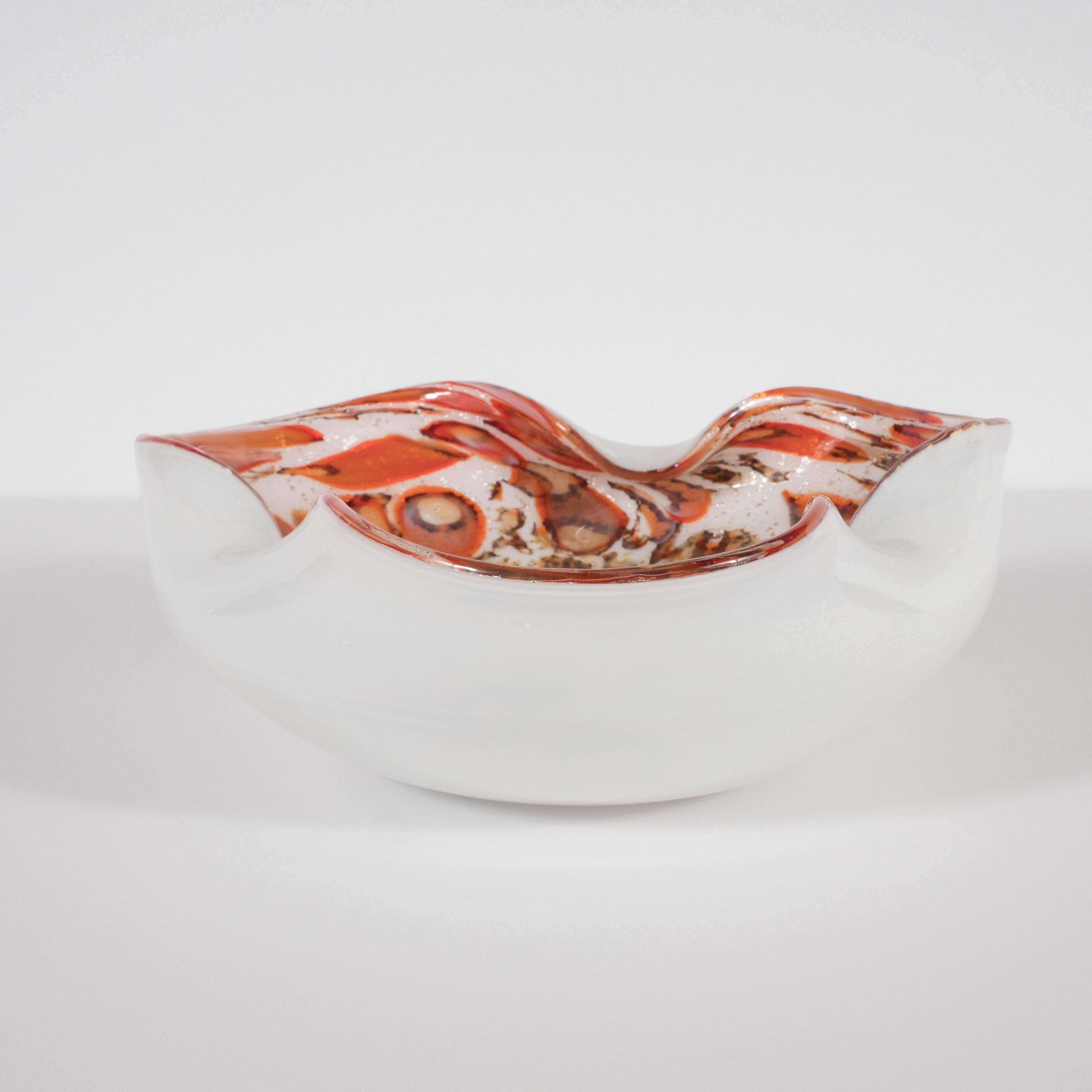 Gold Abstract Mid-Century Modern Handblown Murano Bowl in Red, Chestnut & Pearl