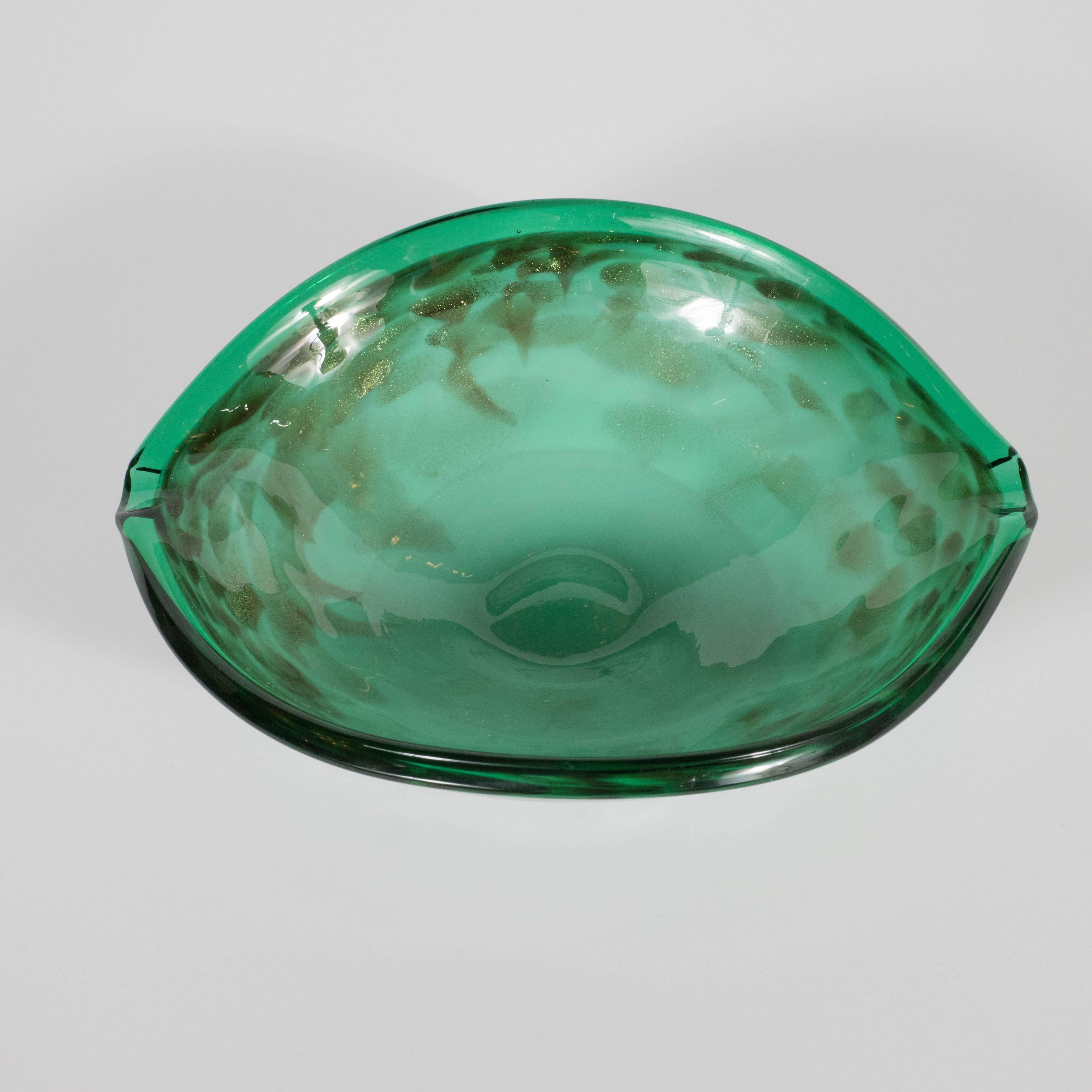 Italian Mid-Century Modern Murano Glass Bowl in Sea Foam and Iridescent Emerald Green