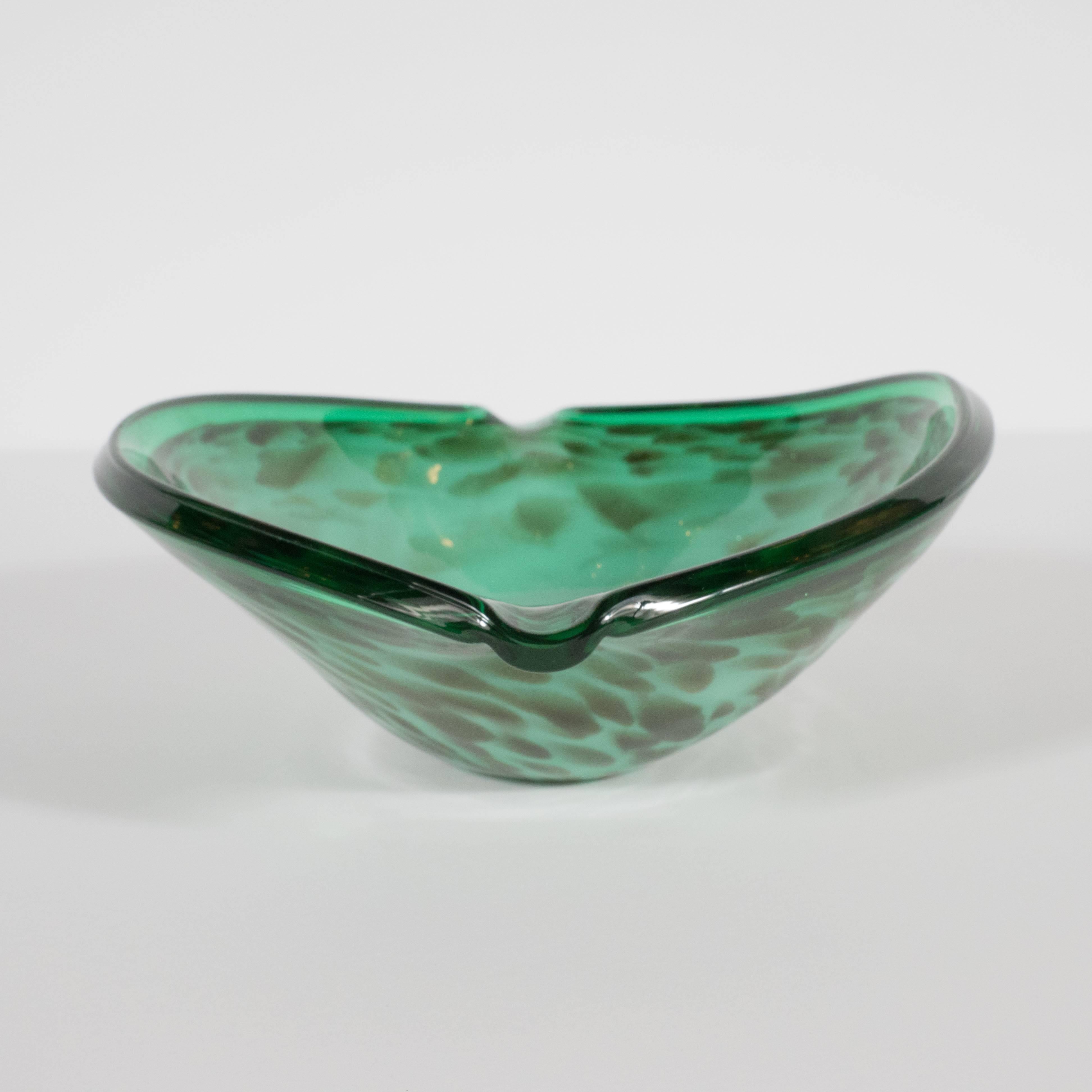 Gold Mid-Century Modern Murano Glass Bowl in Sea Foam and Iridescent Emerald Green