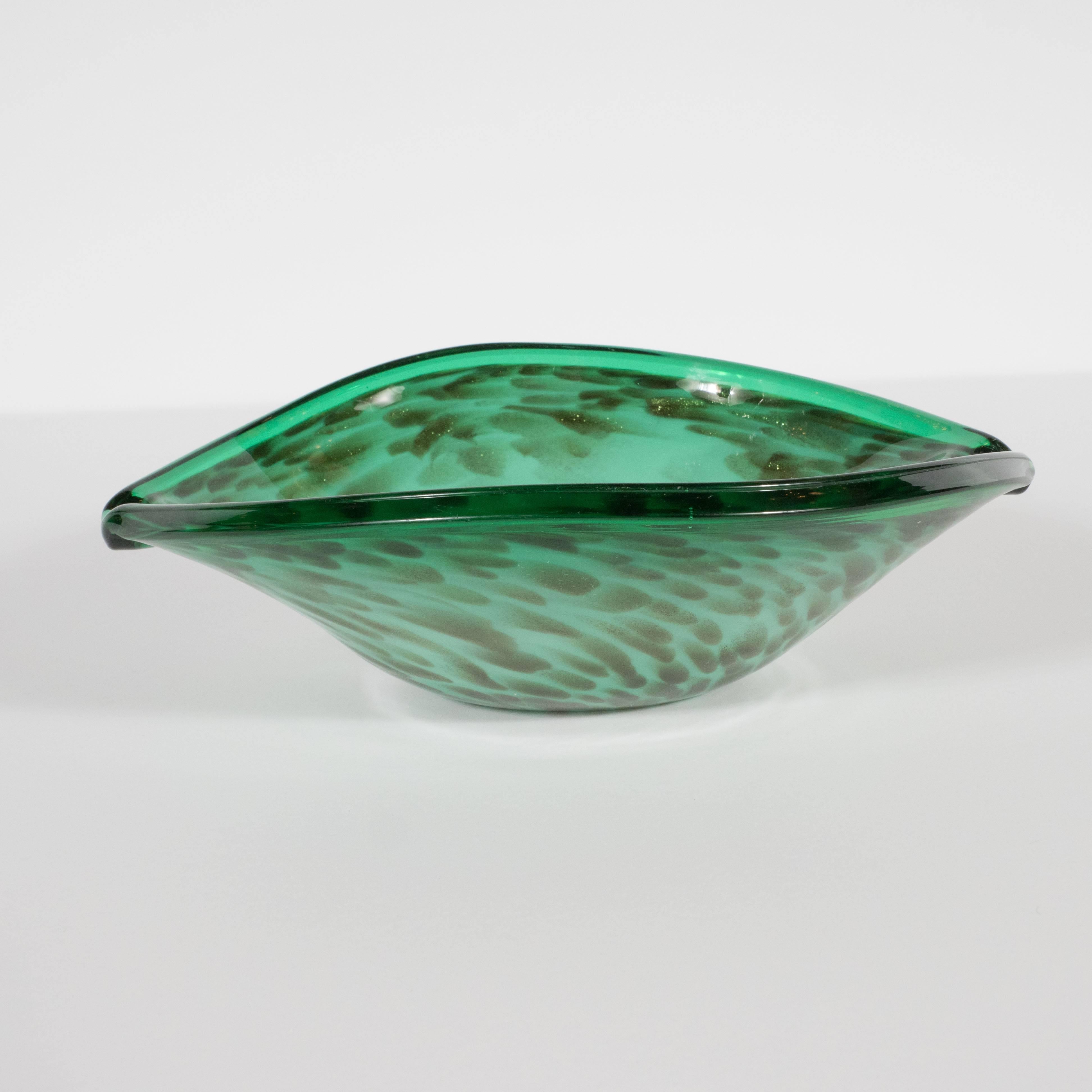 Mid-Century Modern Murano Glass Bowl in Sea Foam and Iridescent Emerald Green 1