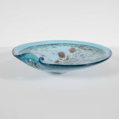 Mid-Century Modern Powder Blue Handblown Murano Glass Bowl with Gold Iridescence