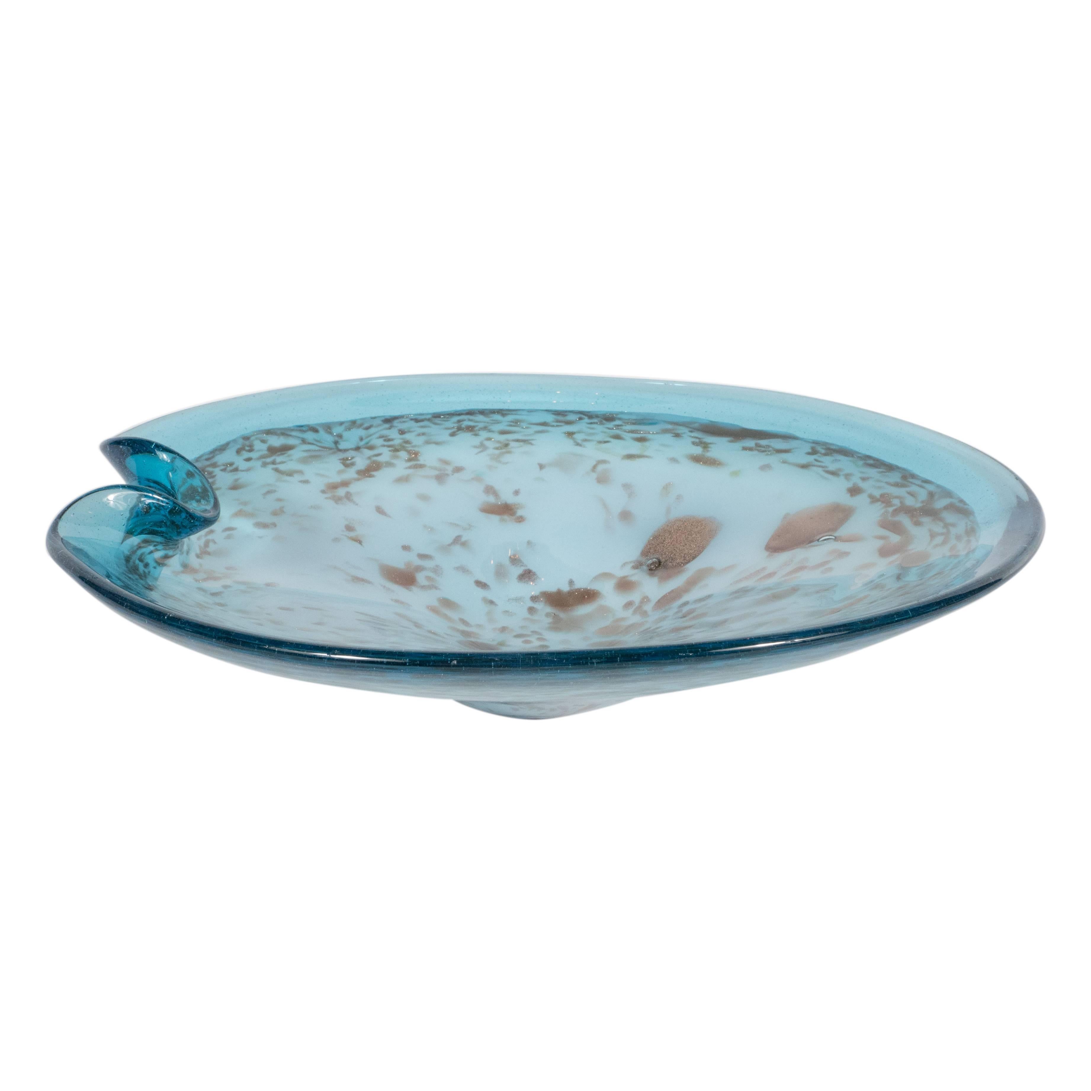 Mid-Century Modern Powder Blue Handblown Murano Glass Bowl with Gold Iridescence