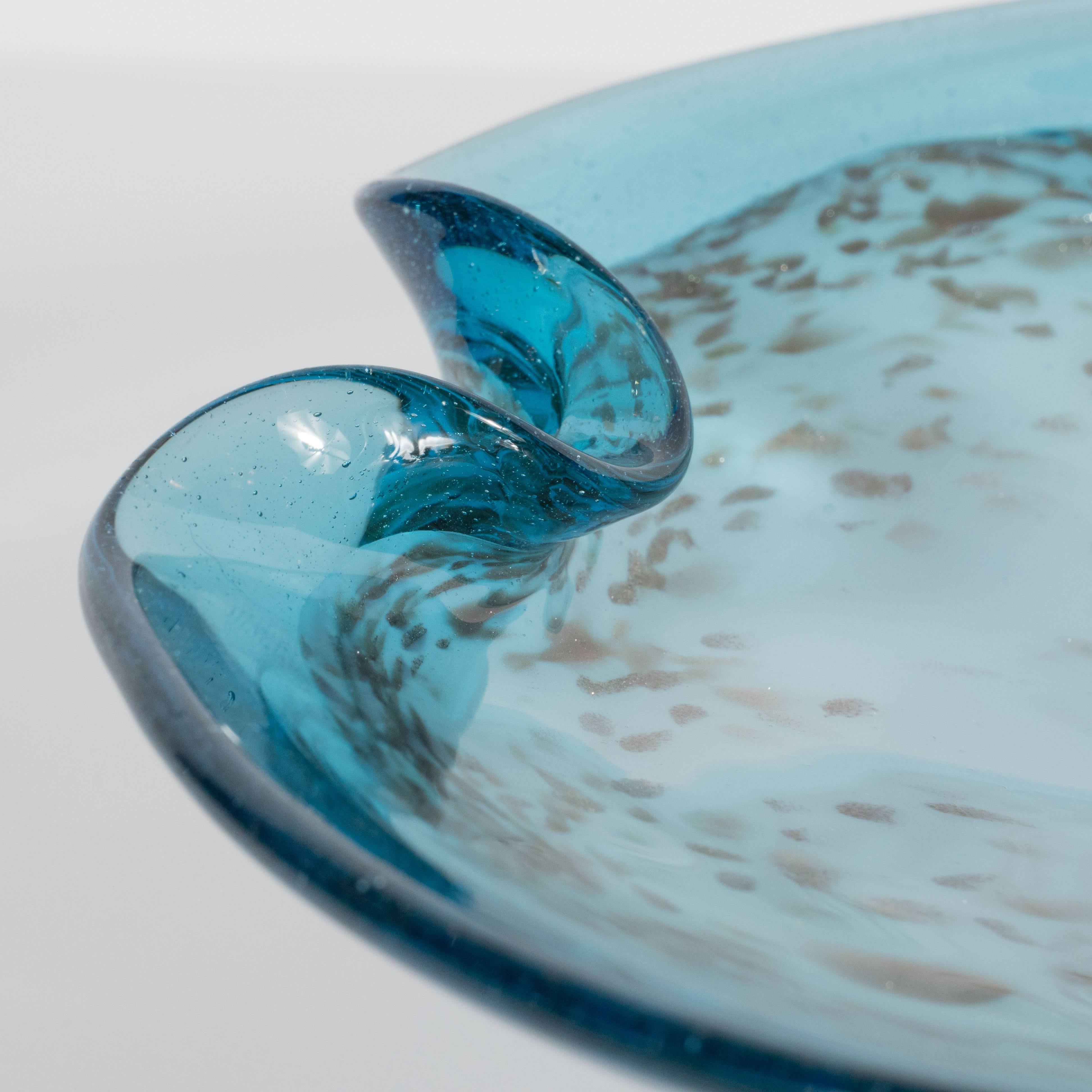 Mid-Century Modern Powder Blue Handblown Murano Glass Bowl with Gold Iridescence 3
