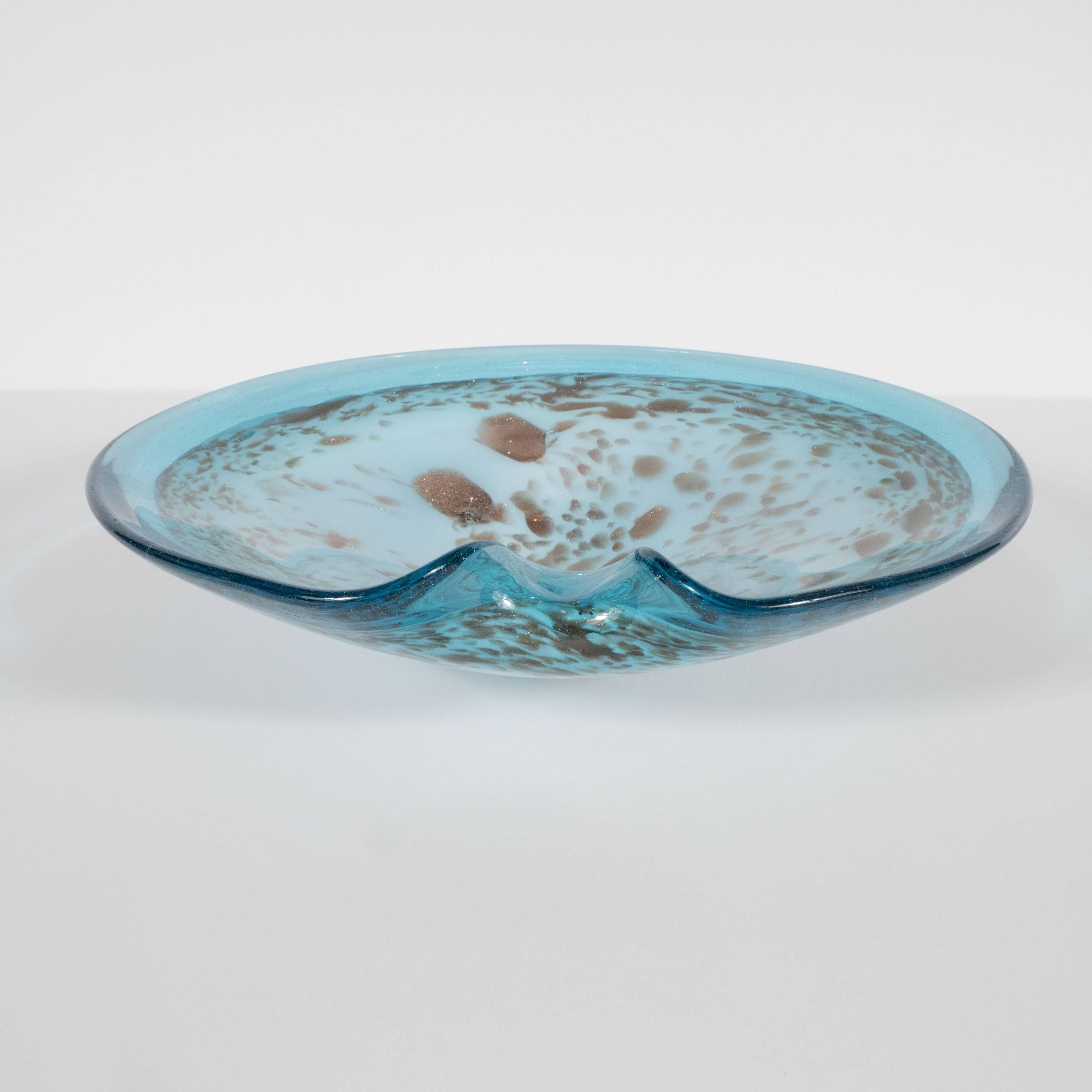 Mid-20th Century Mid-Century Modern Powder Blue Handblown Murano Glass Bowl with Gold Iridescence