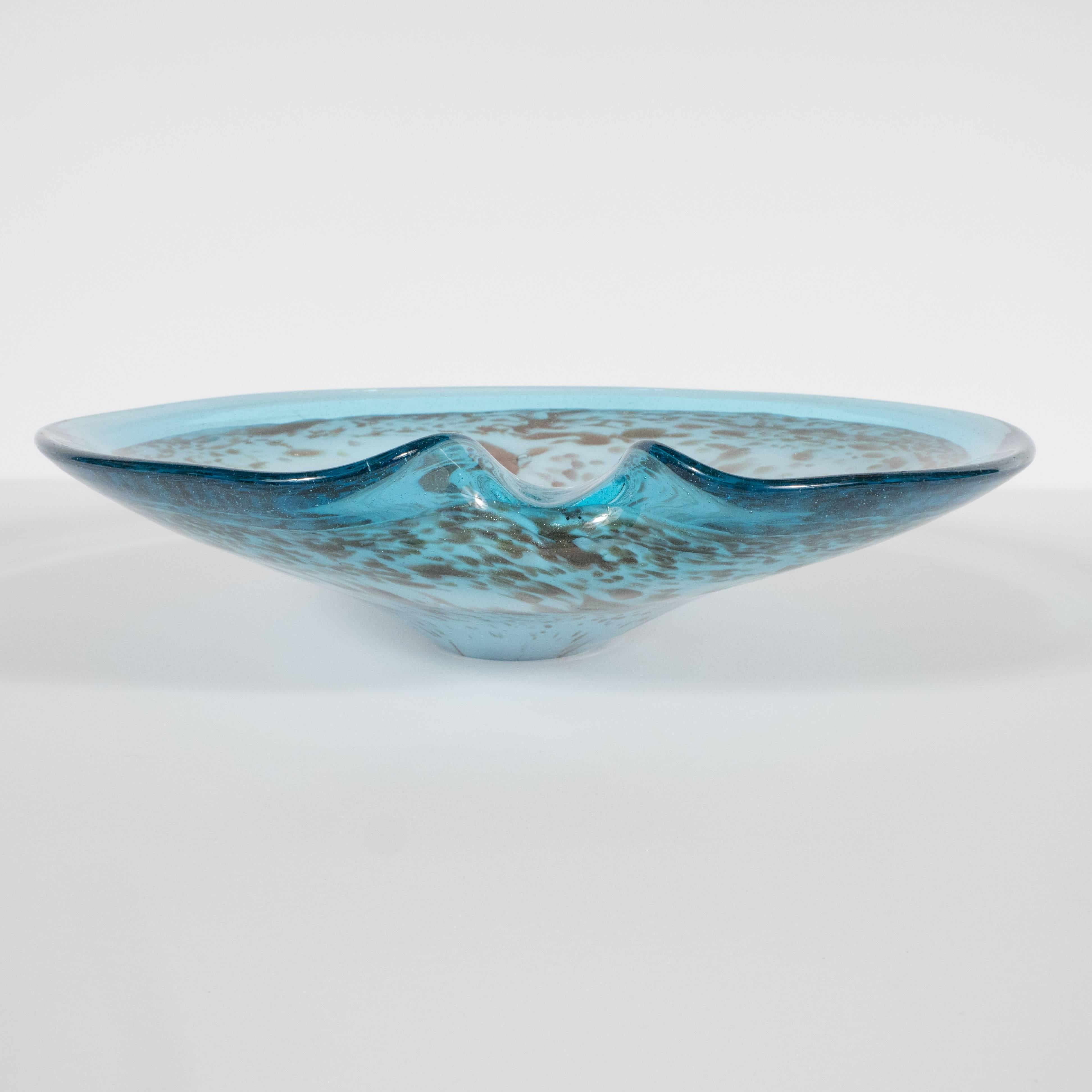 Mid-Century Modern Powder Blue Handblown Murano Glass Bowl with Gold Iridescence 1