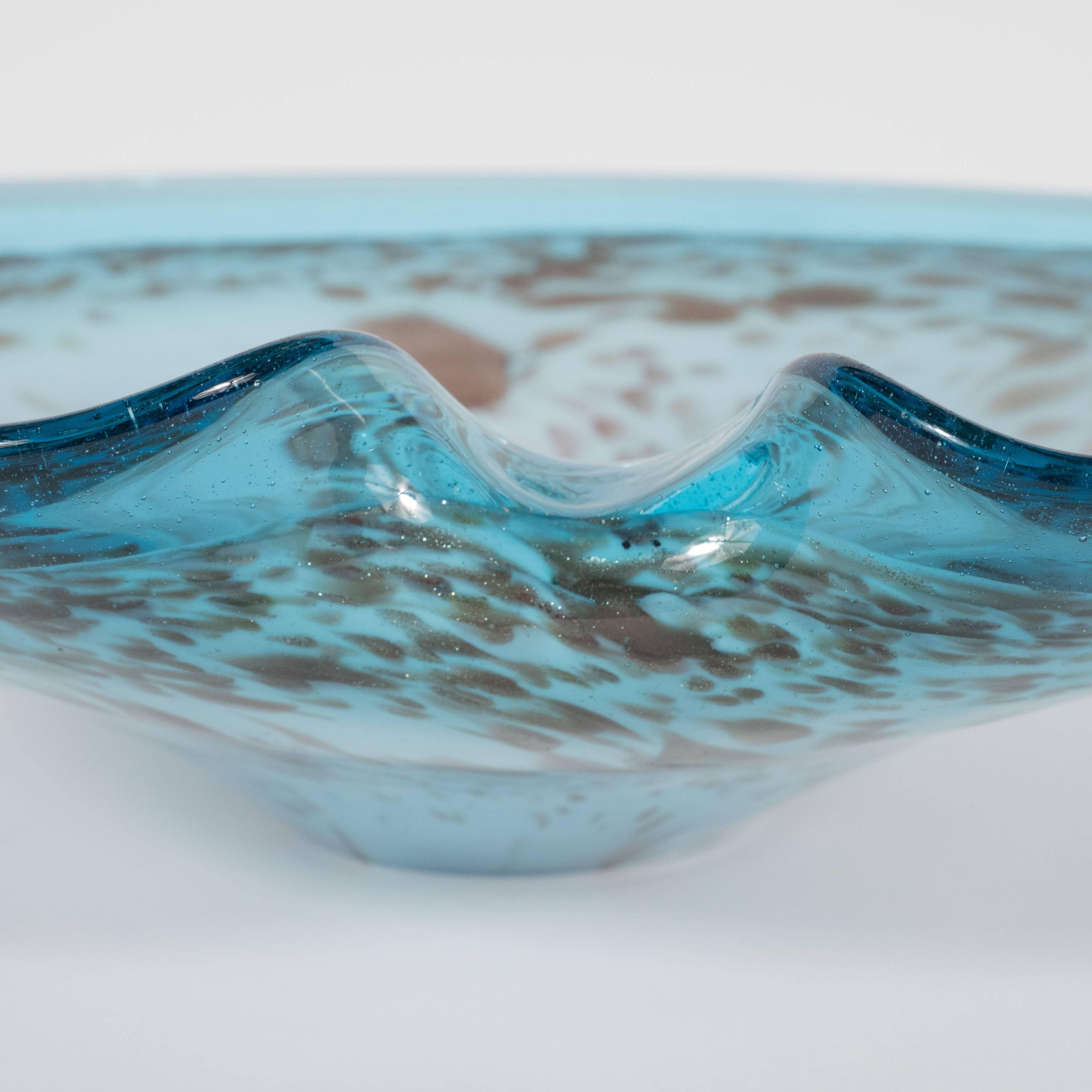 Mid-Century Modern Powder Blue Handblown Murano Glass Bowl with Gold Iridescence 2