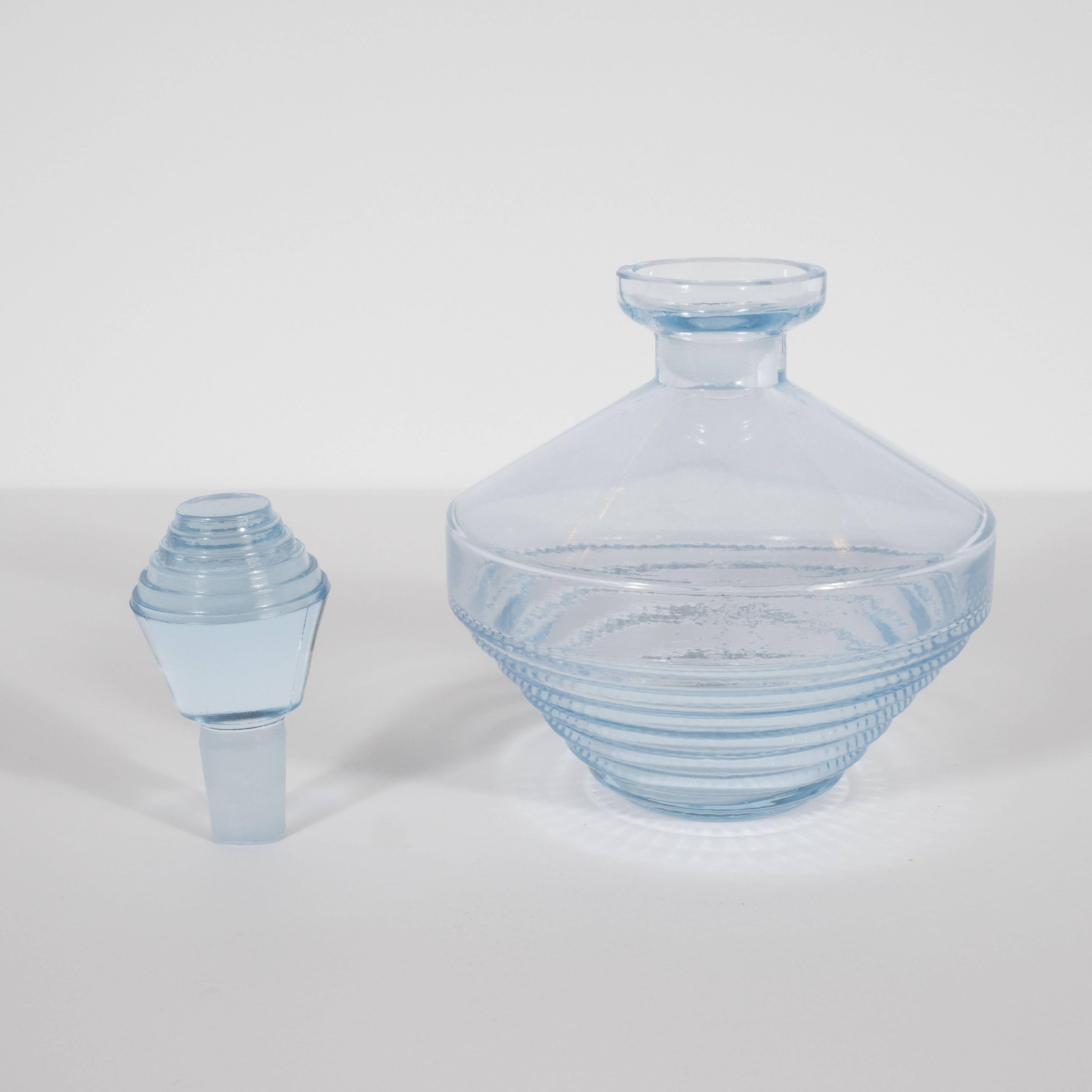 Czech Art Deco Skyscraper Style Perfume Bottle in Light Blue Translucent Glass In Excellent Condition In New York, NY