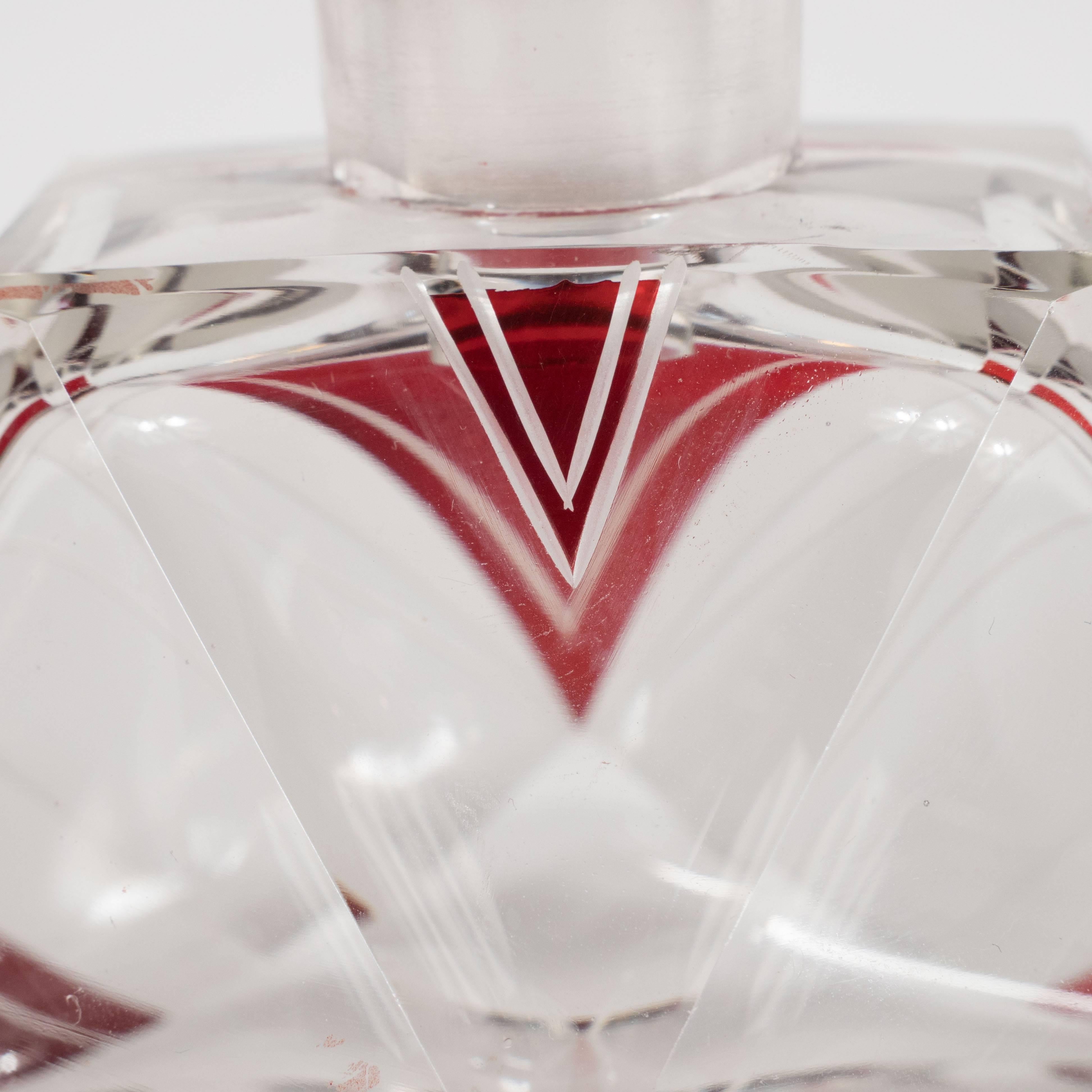Czech Art Deco Perfume Bottle in Crimson and Clear Glass with Geometric Designs 5
