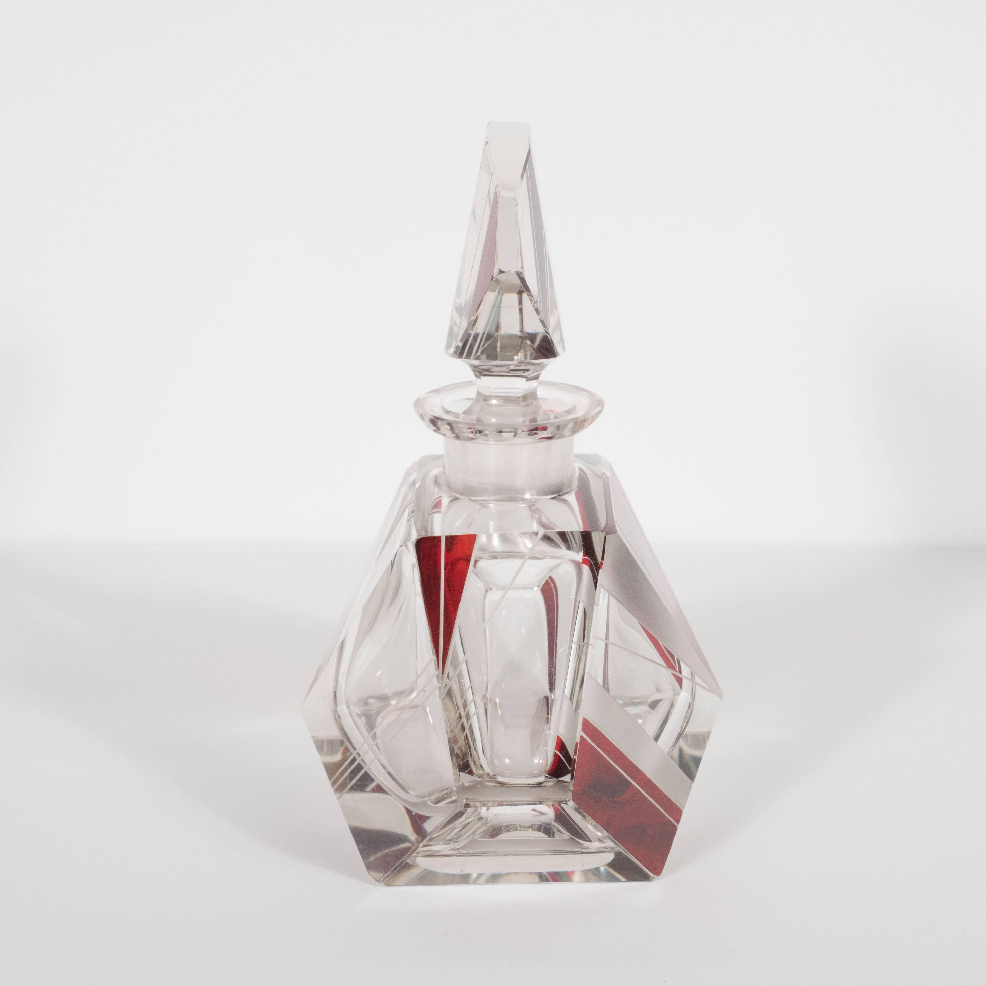 Mid-20th Century Czech Art Deco Perfume Bottle in Crimson and Clear Glass with Geometric Designs