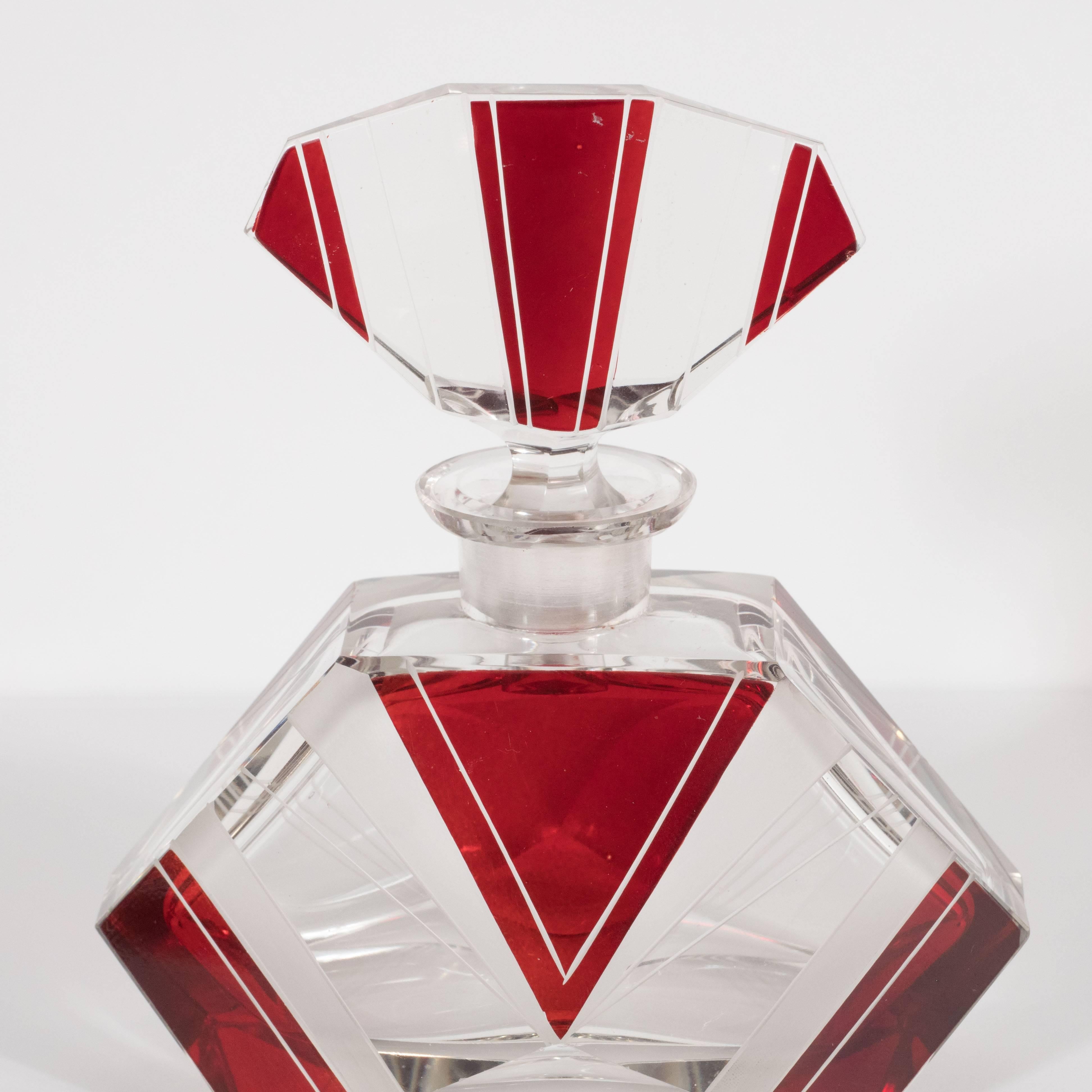 Czech Art Deco Perfume Bottle in Crimson and Clear Glass with Geometric Designs 3