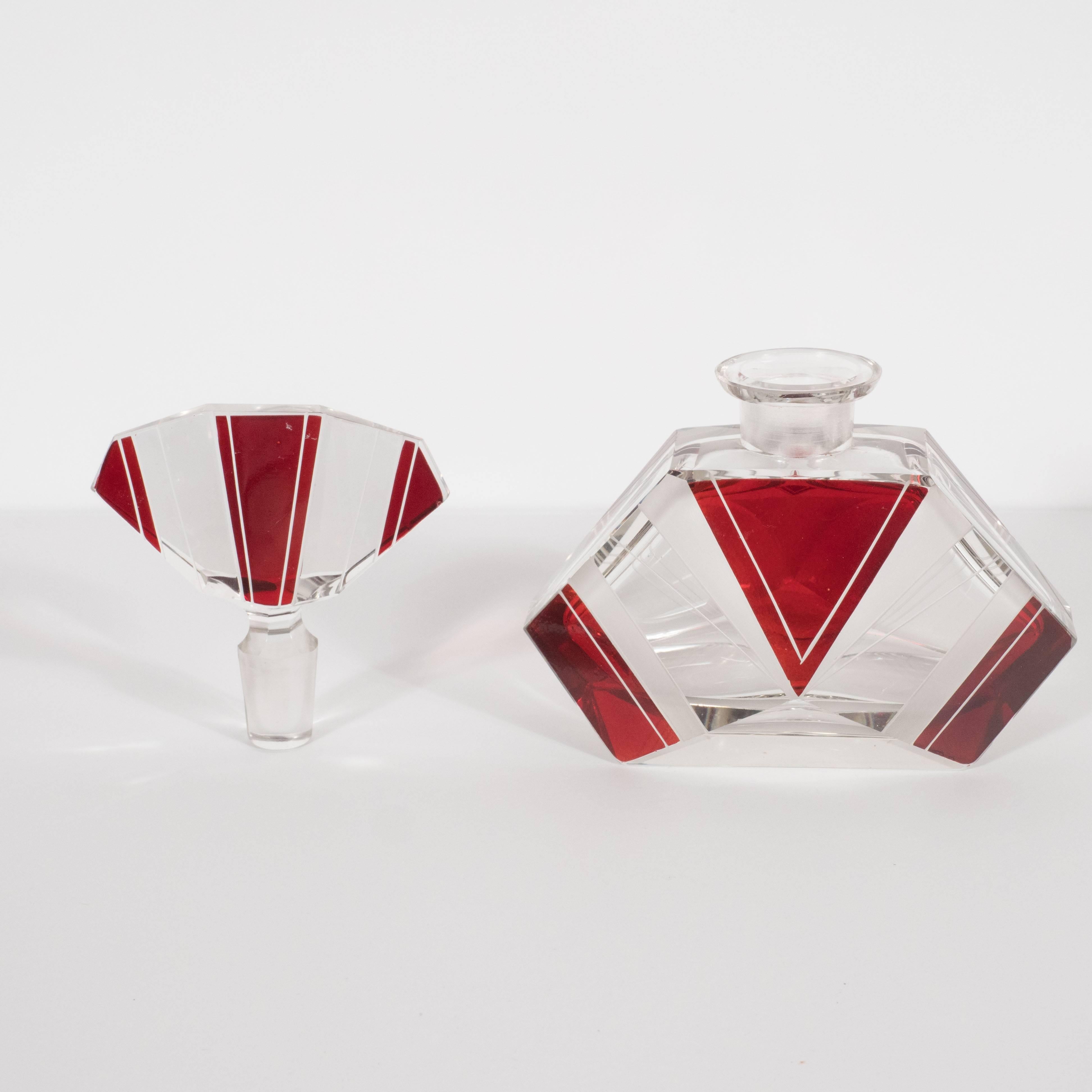 Czech Art Deco Perfume Bottle in Crimson and Clear Glass with Geometric Designs 2