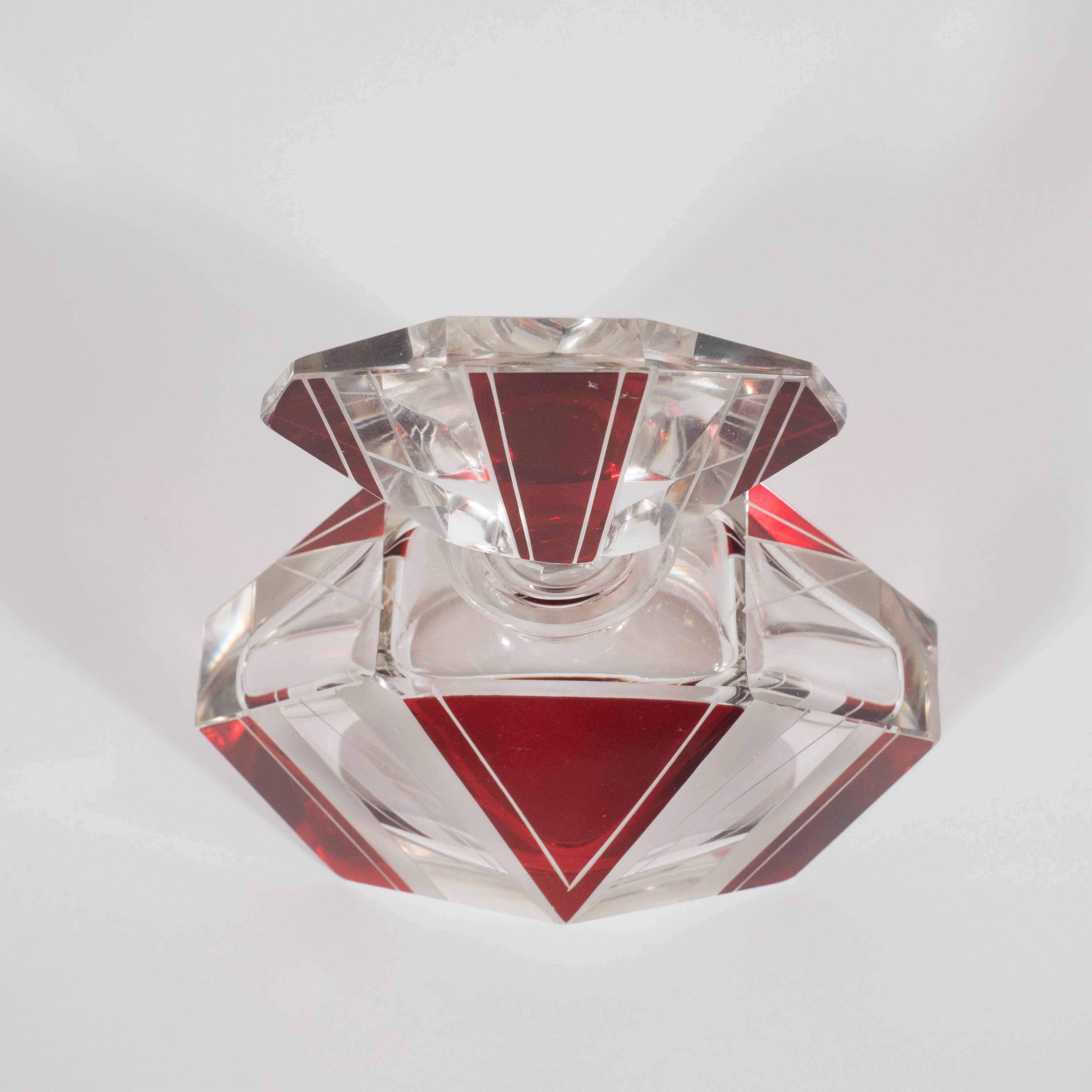 Czech Art Deco Perfume Bottle in Crimson and Clear Glass with Geometric Designs 1