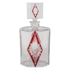 Art Deco Czech Crystal Decanter with Stained Cardinal Red Glass and Floral Motif