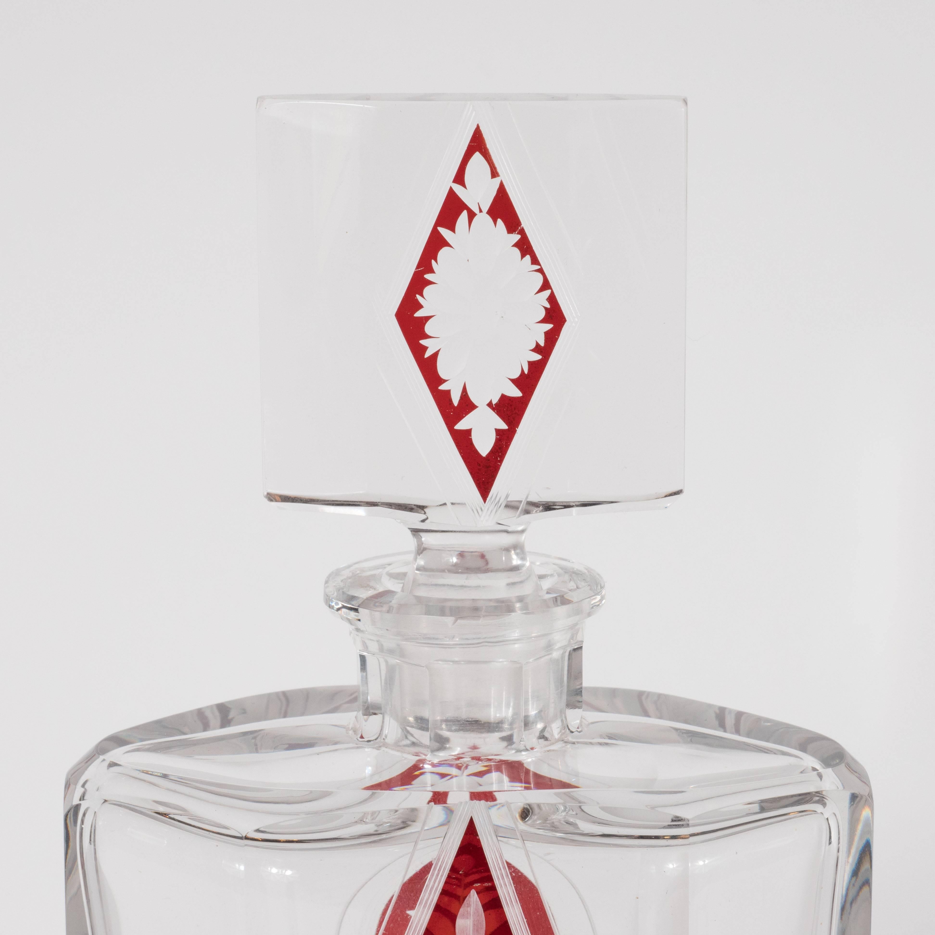 Art Deco Czech Crystal Decanter with Stained Cardinal Red Glass and Floral Motif 1