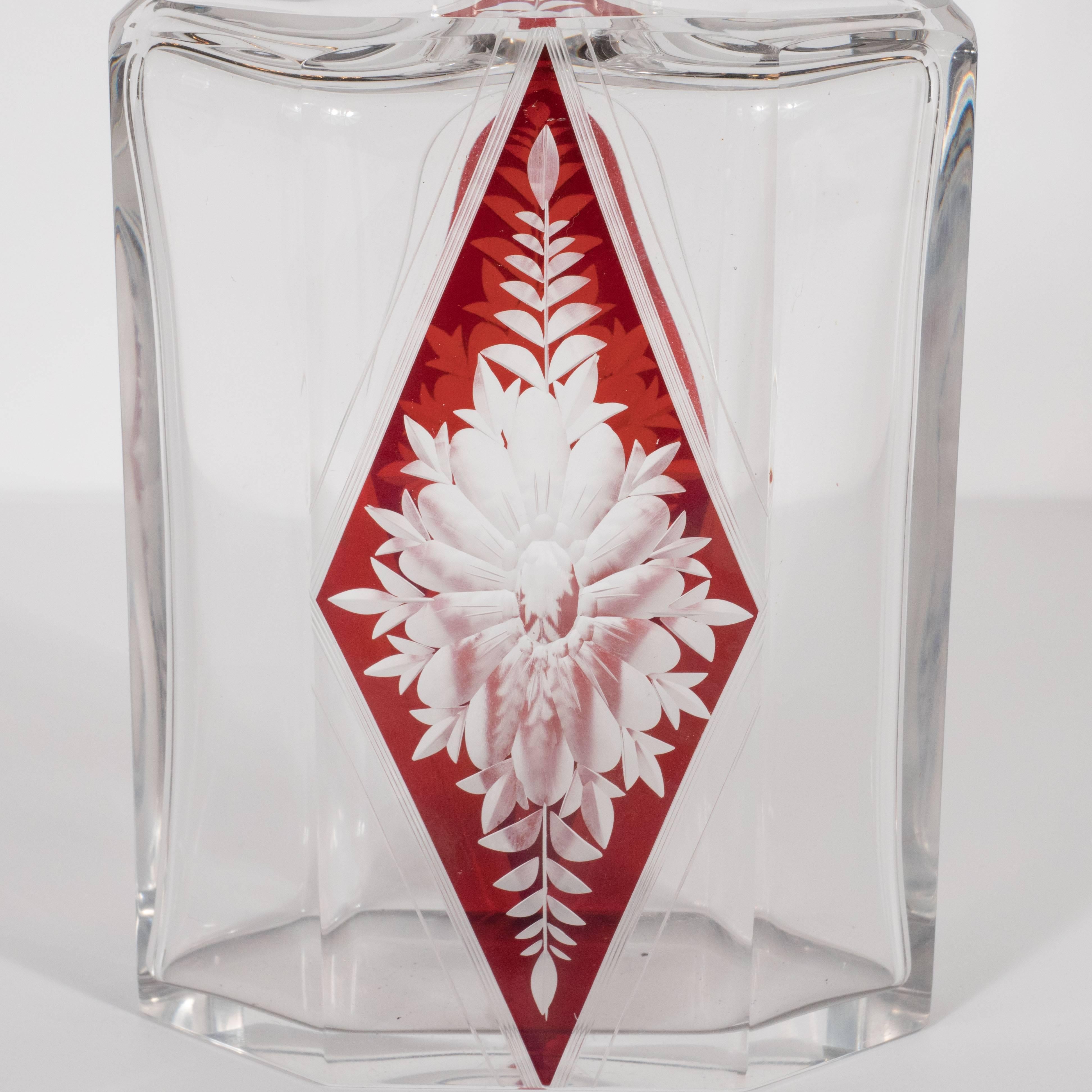 Art Deco Czech Crystal Decanter with Stained Cardinal Red Glass and Floral Motif 2