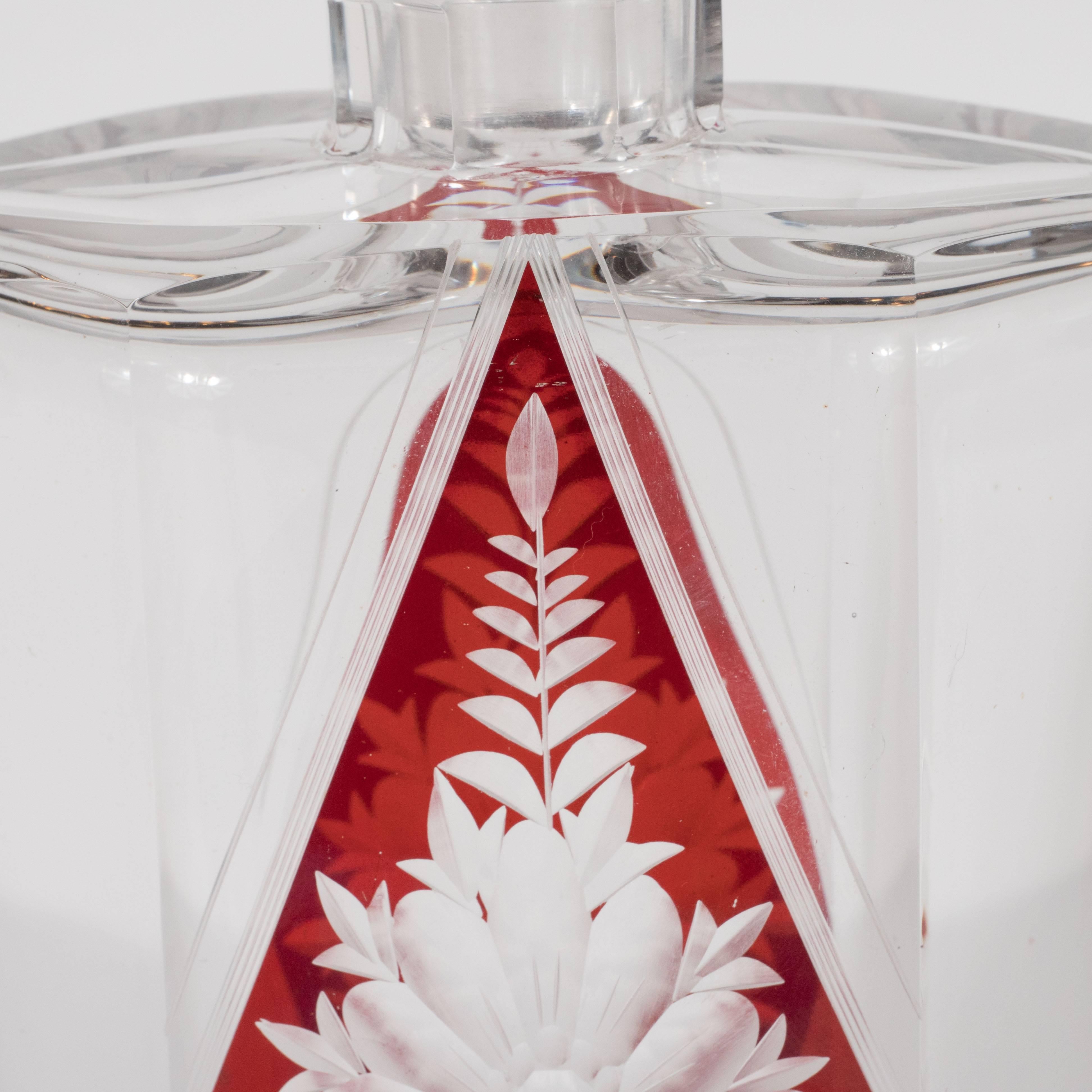 Art Deco Czech Crystal Decanter with Stained Cardinal Red Glass and Floral Motif 3