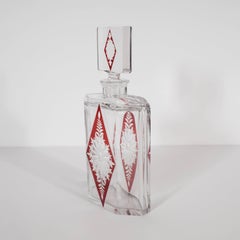 Art Deco Czech Crystal Decanter with Stained Cardinal Red Glass and Floral Motif