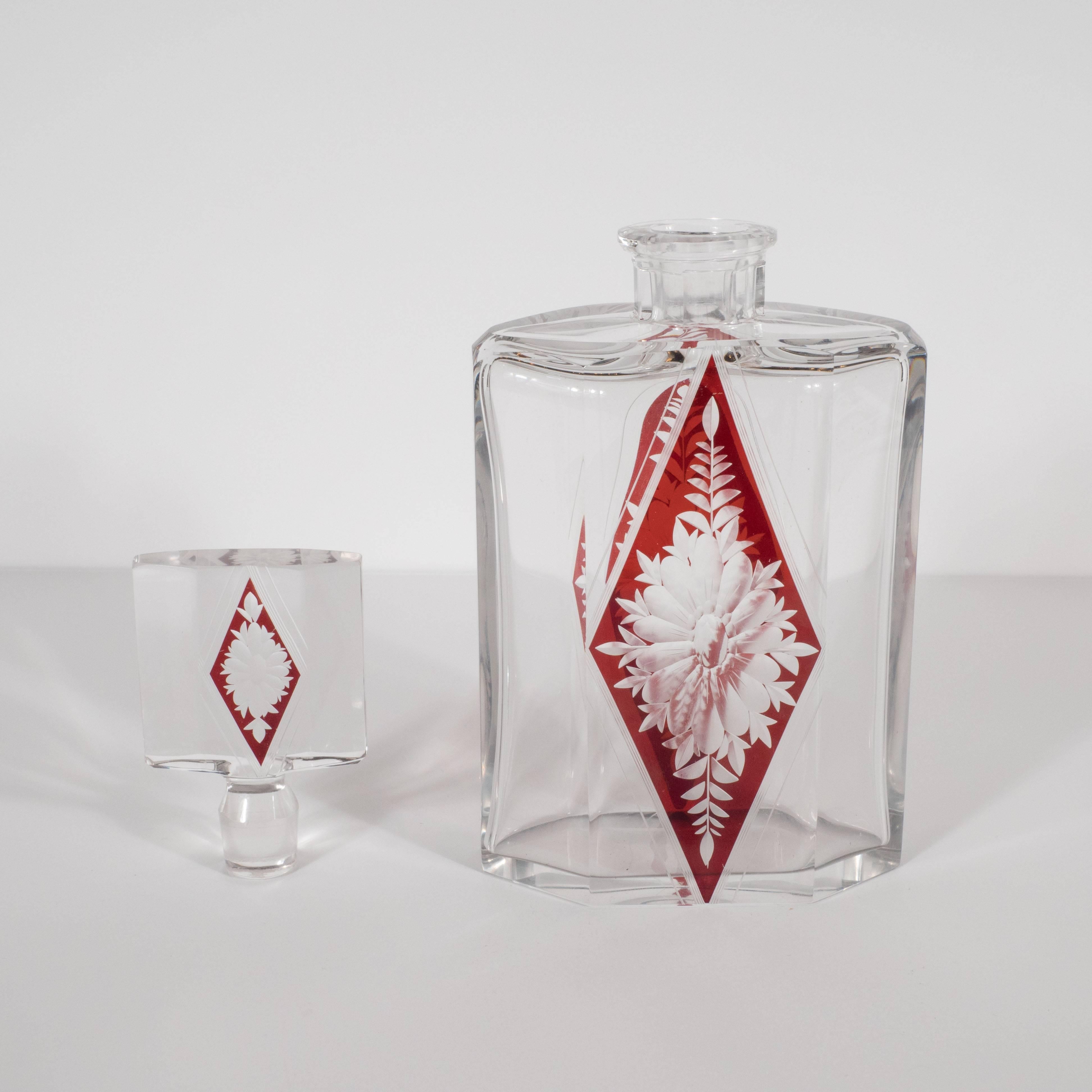 Mid-20th Century Art Deco Czech Crystal Decanter with Stained Cardinal Red Glass and Floral Motif
