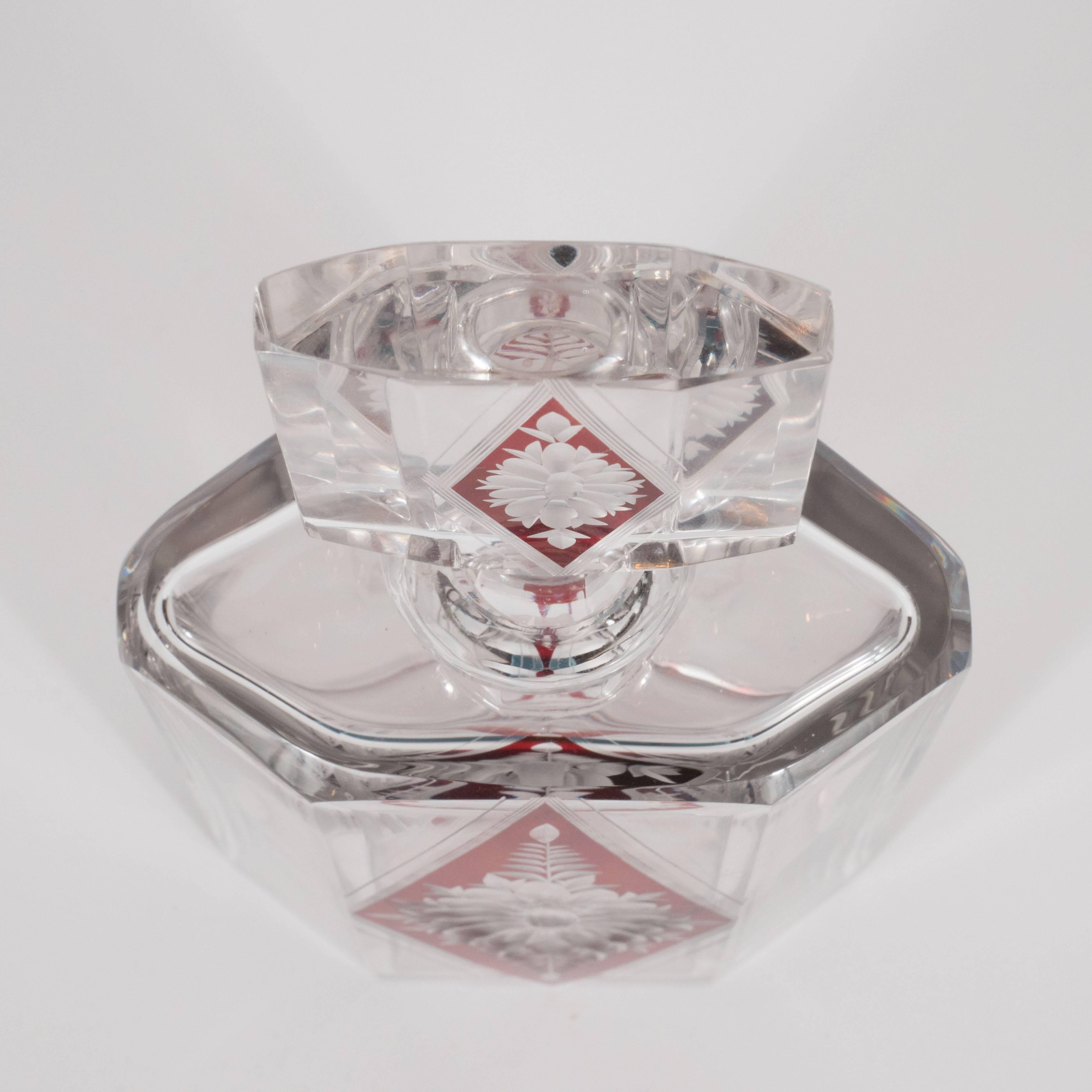 Cut Glass Art Deco Czech Crystal Decanter with Stained Cardinal Red Glass and Floral Motif