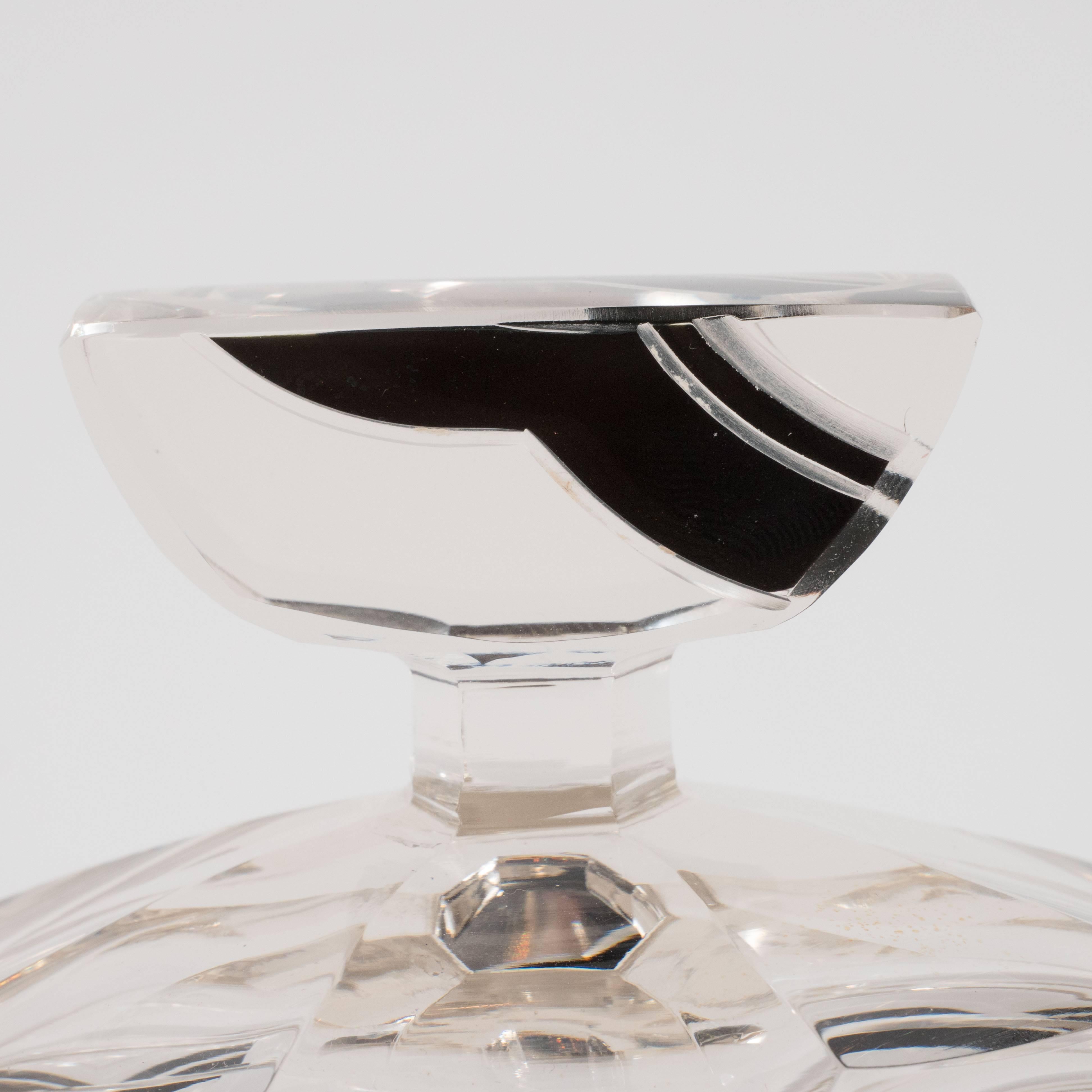 Mid-20th Century Czech Art Deco Cubist Glass Perfume Bottle with Frosted and Black Glass Overlays