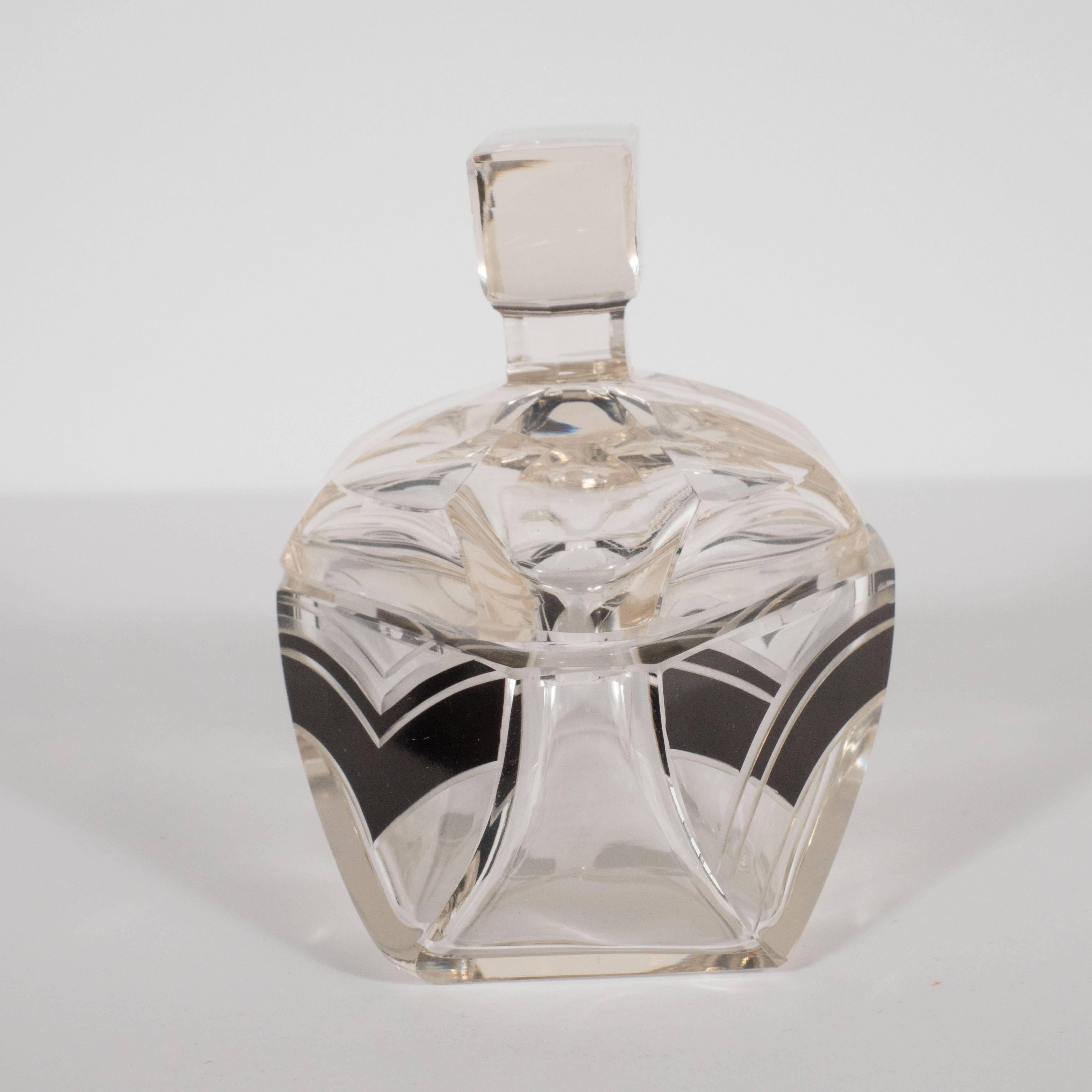 American Czech Art Deco Cubist Glass Perfume Bottle with Frosted and Black Glass Overlays