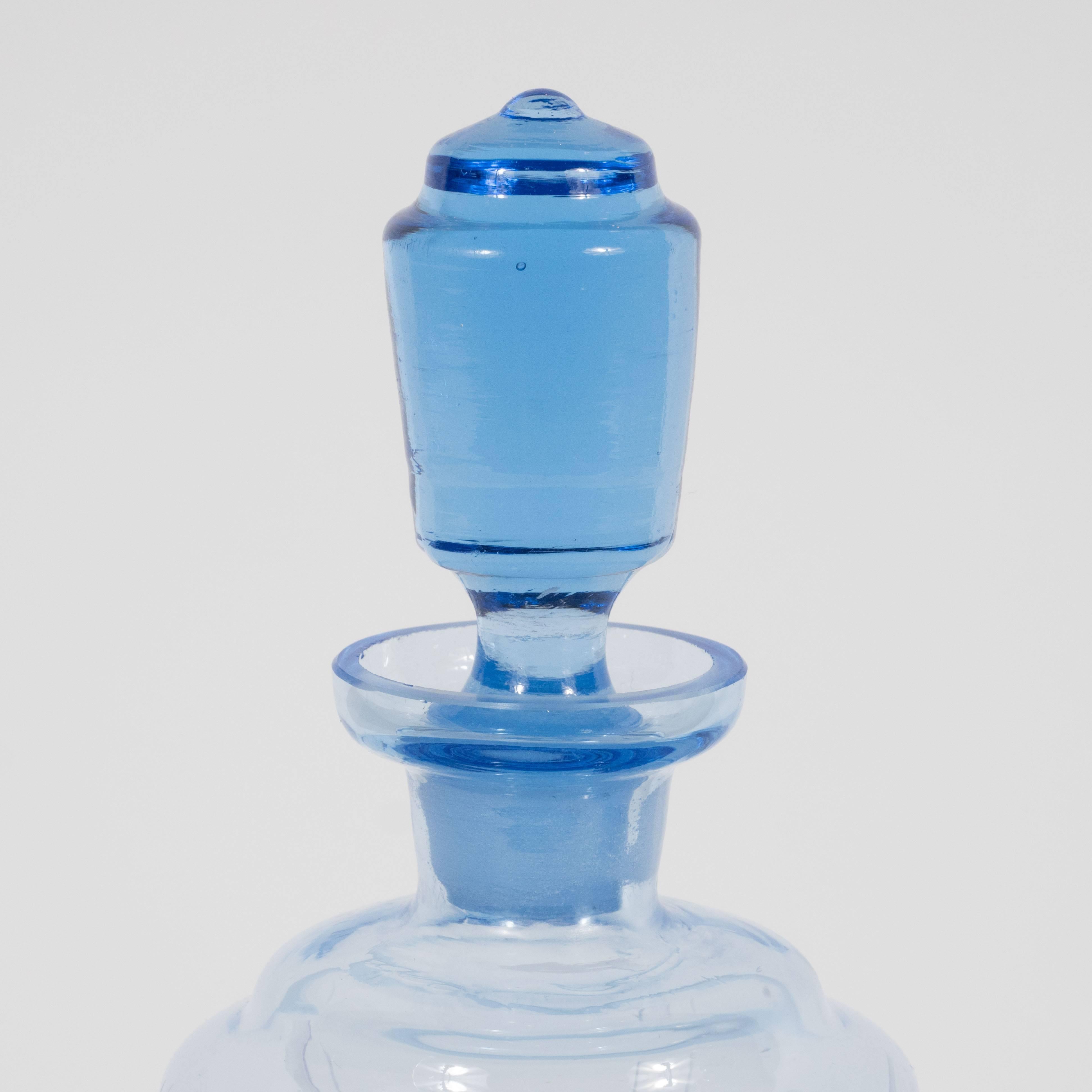 Mid-20th Century Art Deco Translucent Blue Czech Decanter with Geometric Patterns Throughout