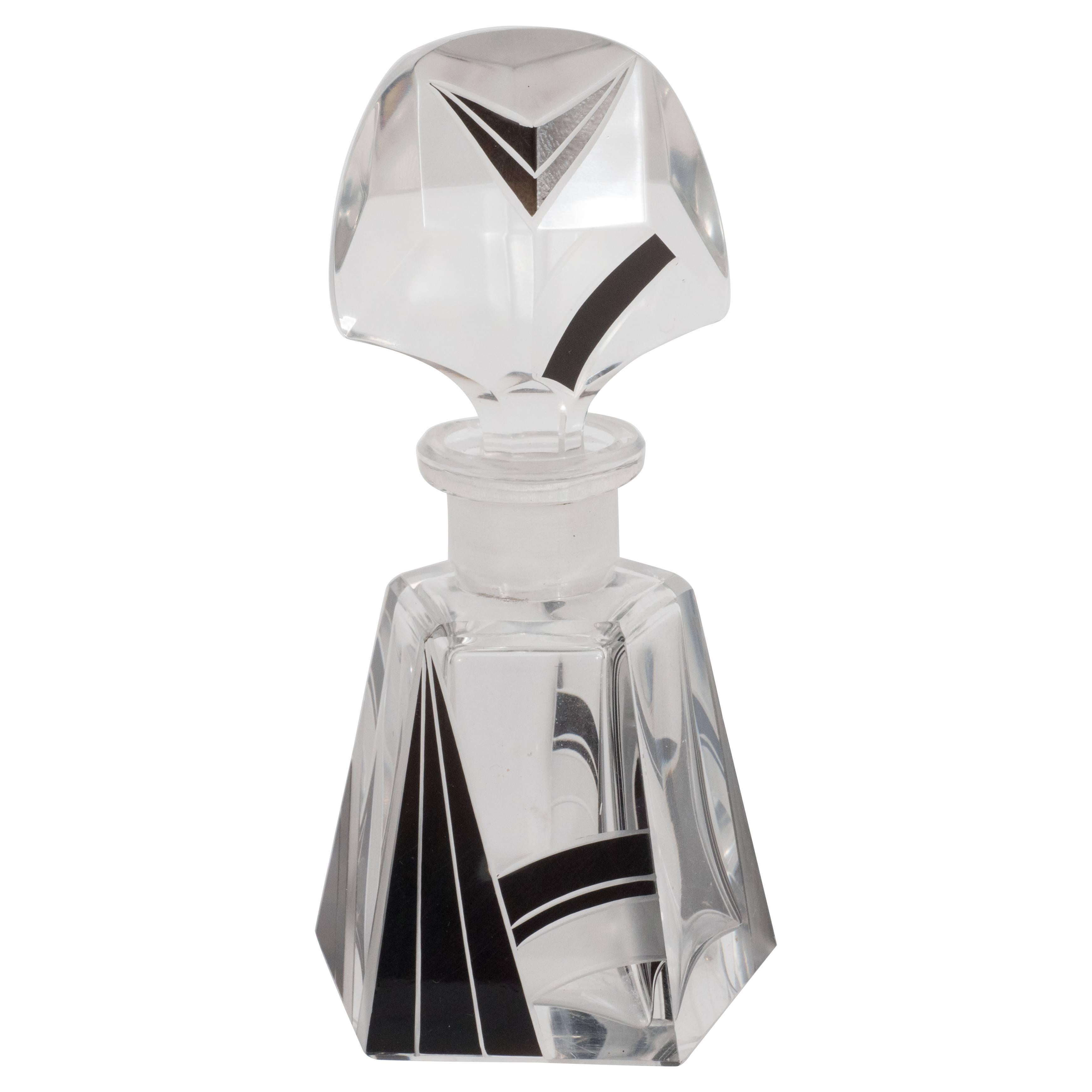 Czech Art Deco Perfume Bottle with Black Overlaid & Frosted Glass Cubist Detail
