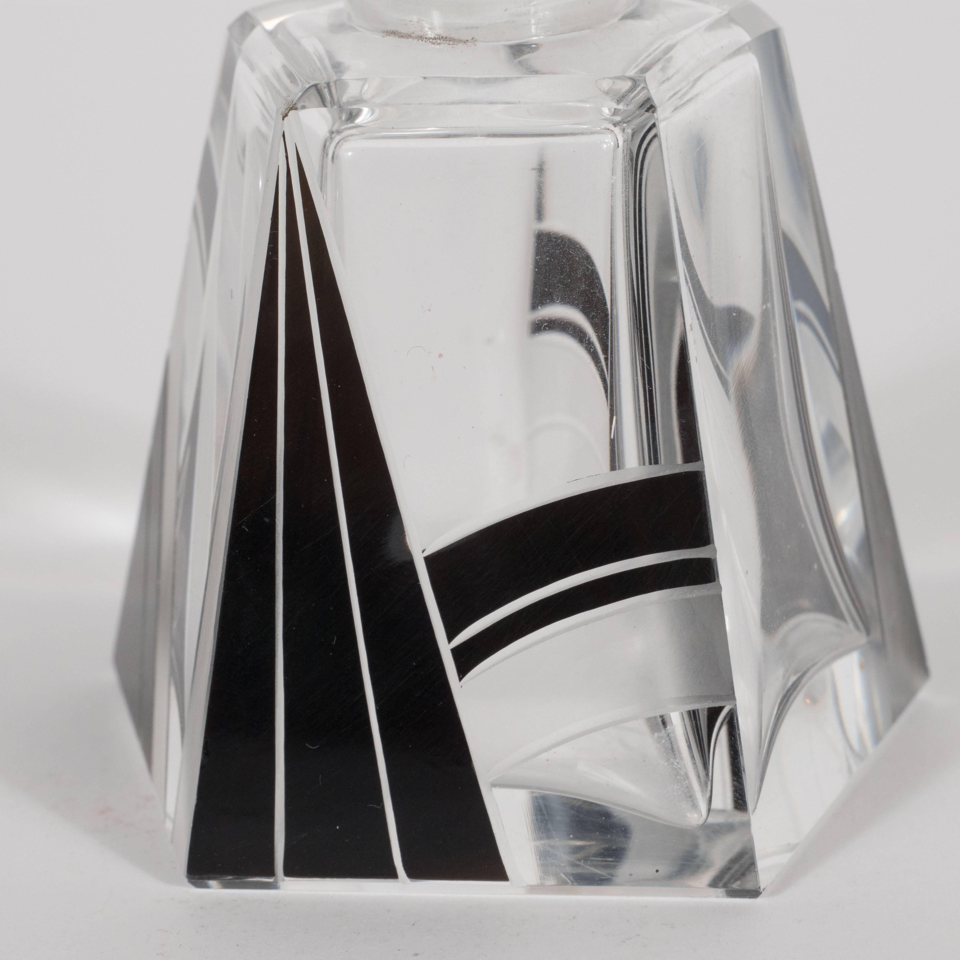 Czech Art Deco Perfume Bottle with Black Overlaid & Frosted Glass Cubist Detail 3