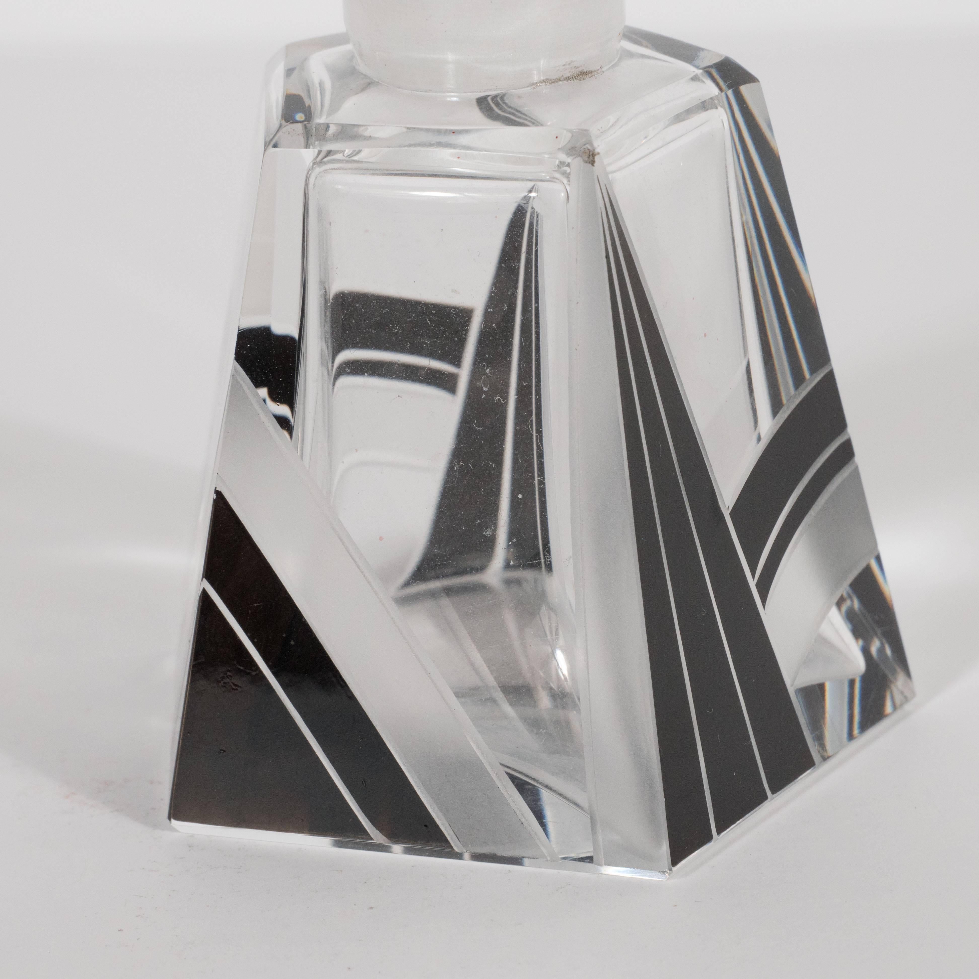 Czech Art Deco Perfume Bottle with Black Overlaid & Frosted Glass Cubist Detail 4